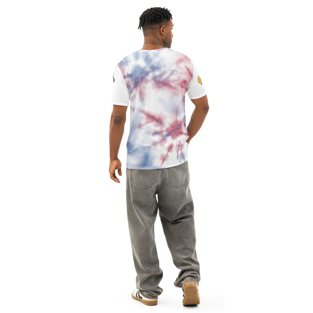 Men’s white cotton crew neck T-shirt with all-over print by Leaky ts, shown from the back with detailed pattern.
