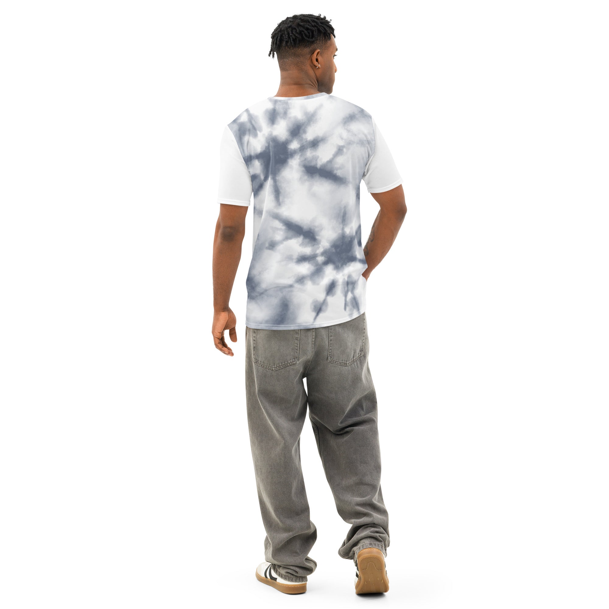 Leaky Ts men's white cotton crew neck t-shirt with all-over print, shown from the back. Comfortable casual men's t-shirt.