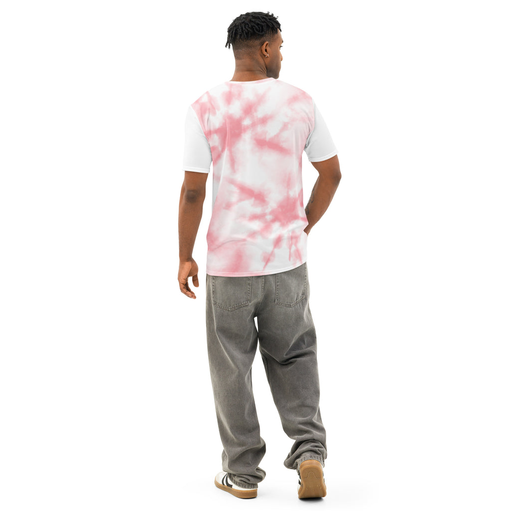 Men’s white cotton crew neck t-shirt by Leaky Ts with all-over print, shown from the back in this detailed product image.