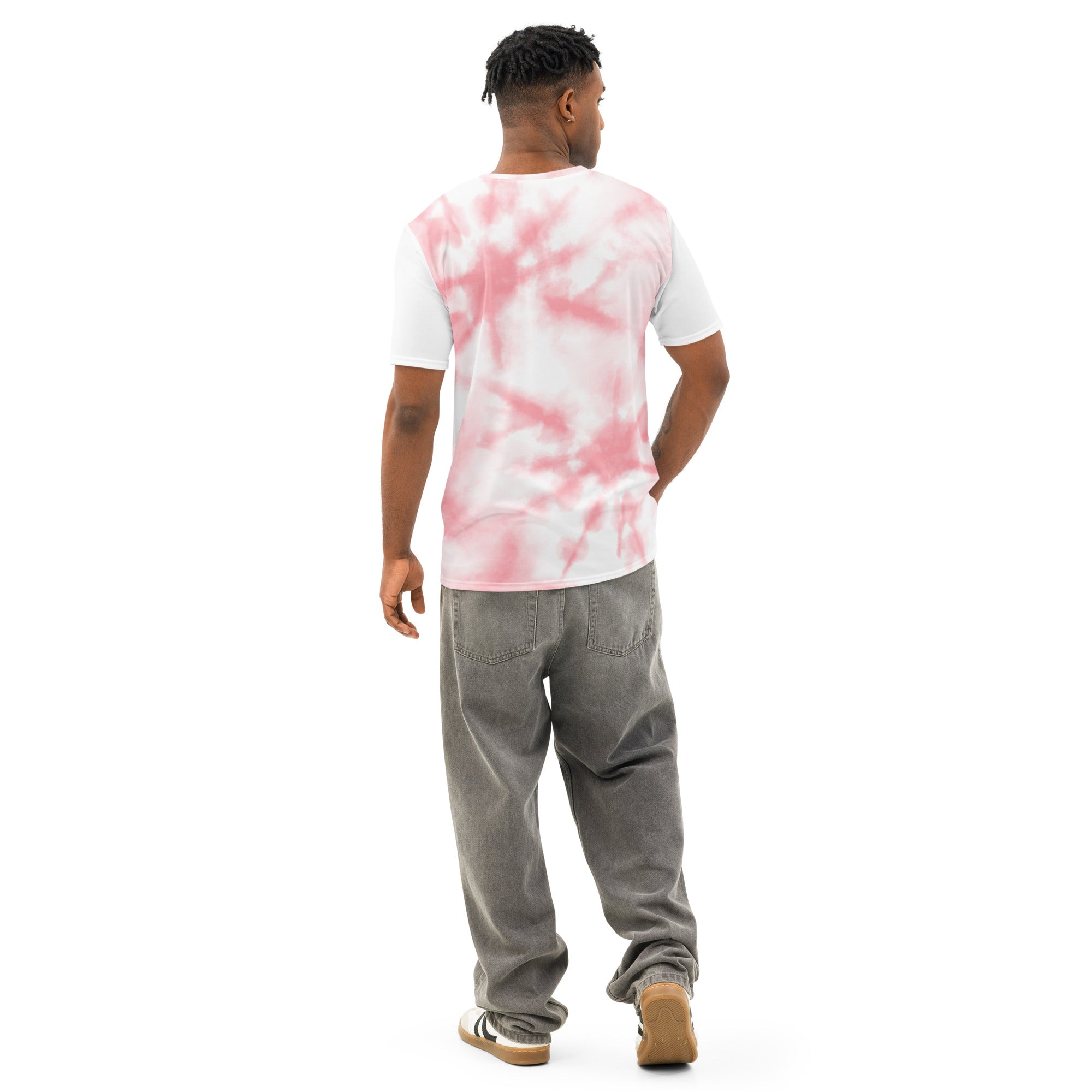 Men’s white cotton crew neck t-shirt by Leaky Ts with all-over print, shown from the back in this detailed product image.