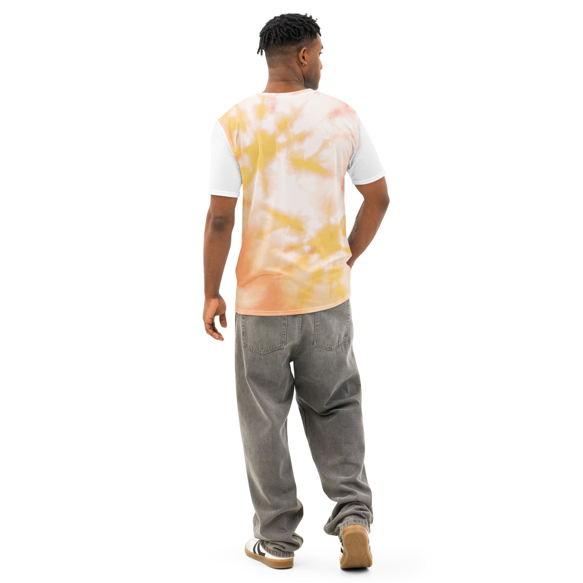 Men’s white cotton crew neck T-shirt by Leaky Ts with all-over print, shown from the back side.
