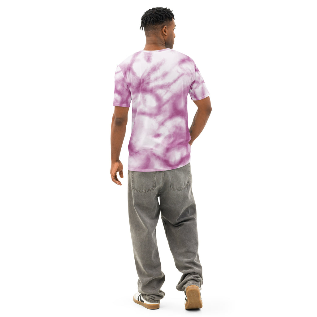 Purple cotton tie-dye crew neck t-shirt by Leaky TS with all-over tie-dye pattern, shown from the back.