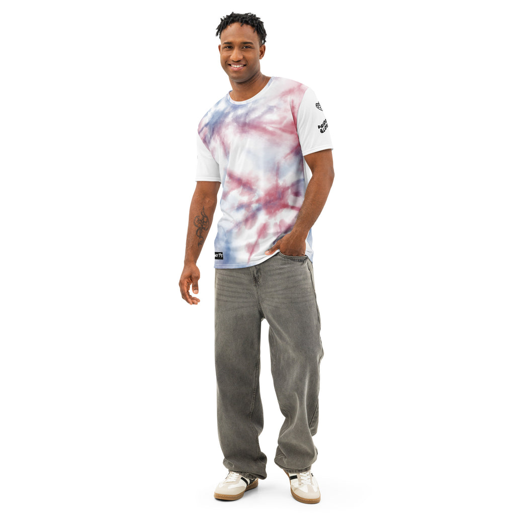 Men’s white cotton crew neck T-shirt by Leaky TS with all-over print design, front view showcasing the pattern and fit.