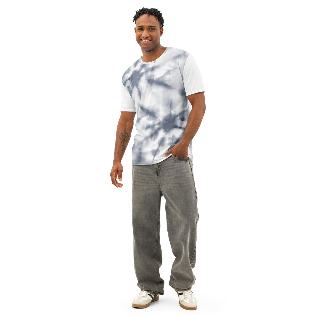 Men’s white cotton crew neck t-shirt with all-over print by Leaky TS, front view showing vibrant design and comfortable fit.