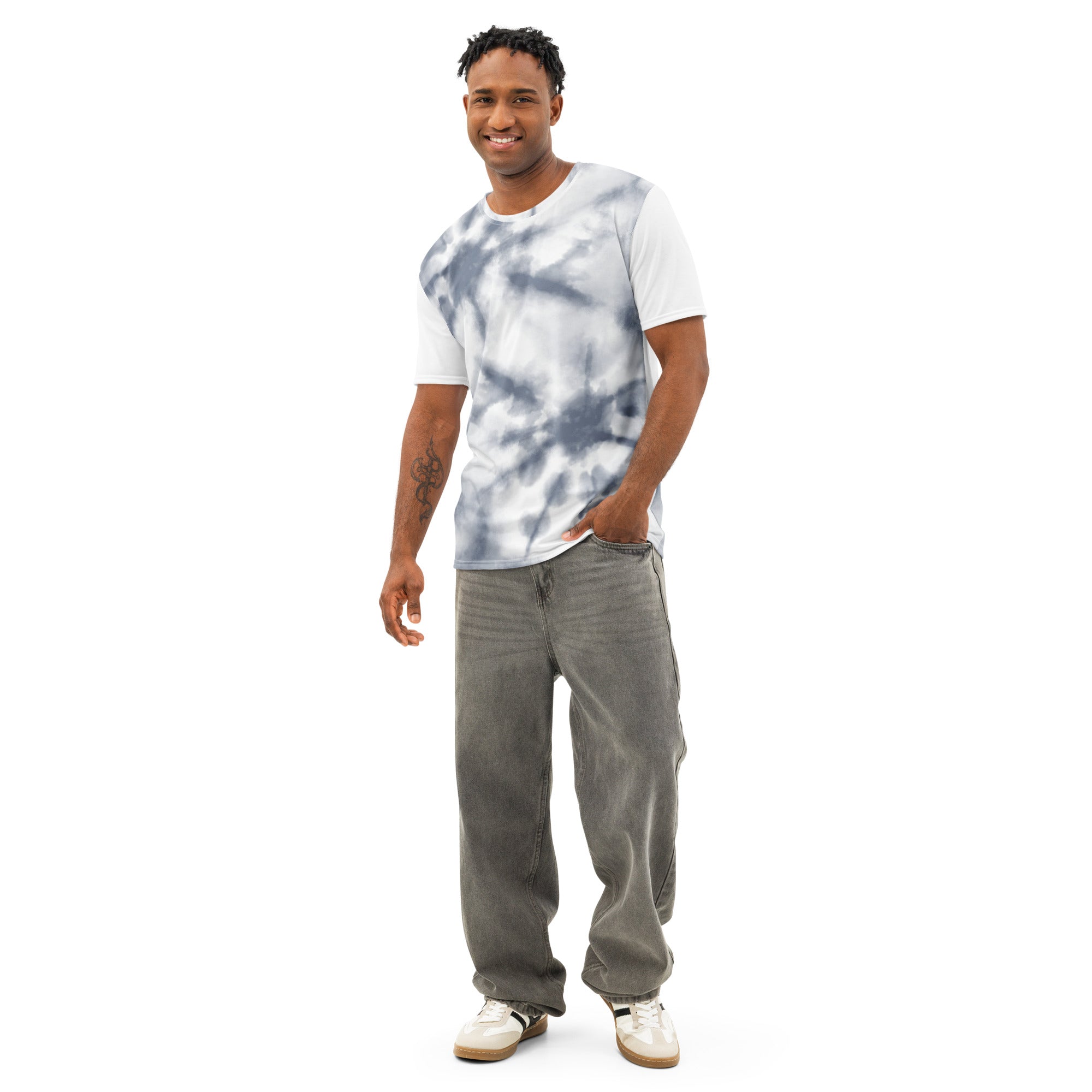 Men’s white cotton crew neck t-shirt with all-over print by Leaky TS, front view showing vibrant design and comfortable fit.