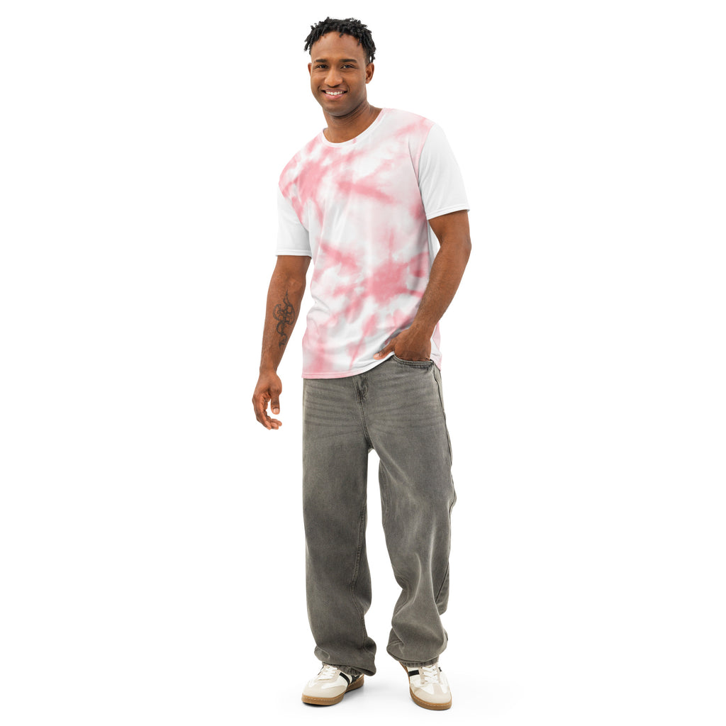 Men’s white cotton crew neck t-shirt with all-over print by Leaky ts, front view showing detailed design.