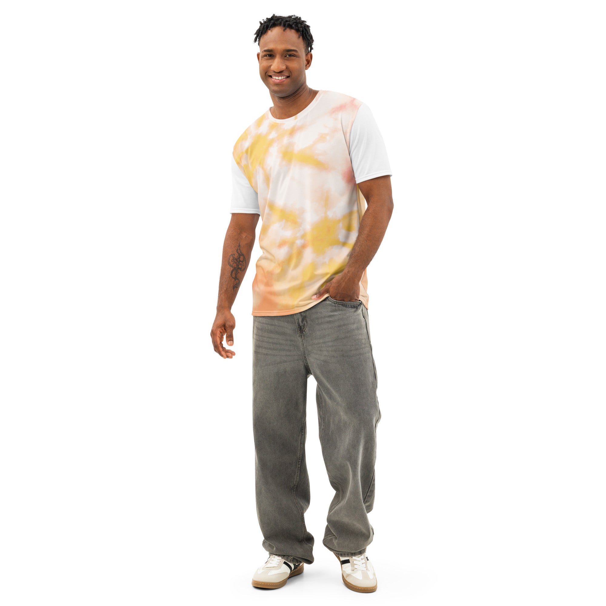 Men’s white cotton crew neck t-shirt by Leaky ts with all-over print, front view showing detailed pattern and fit.