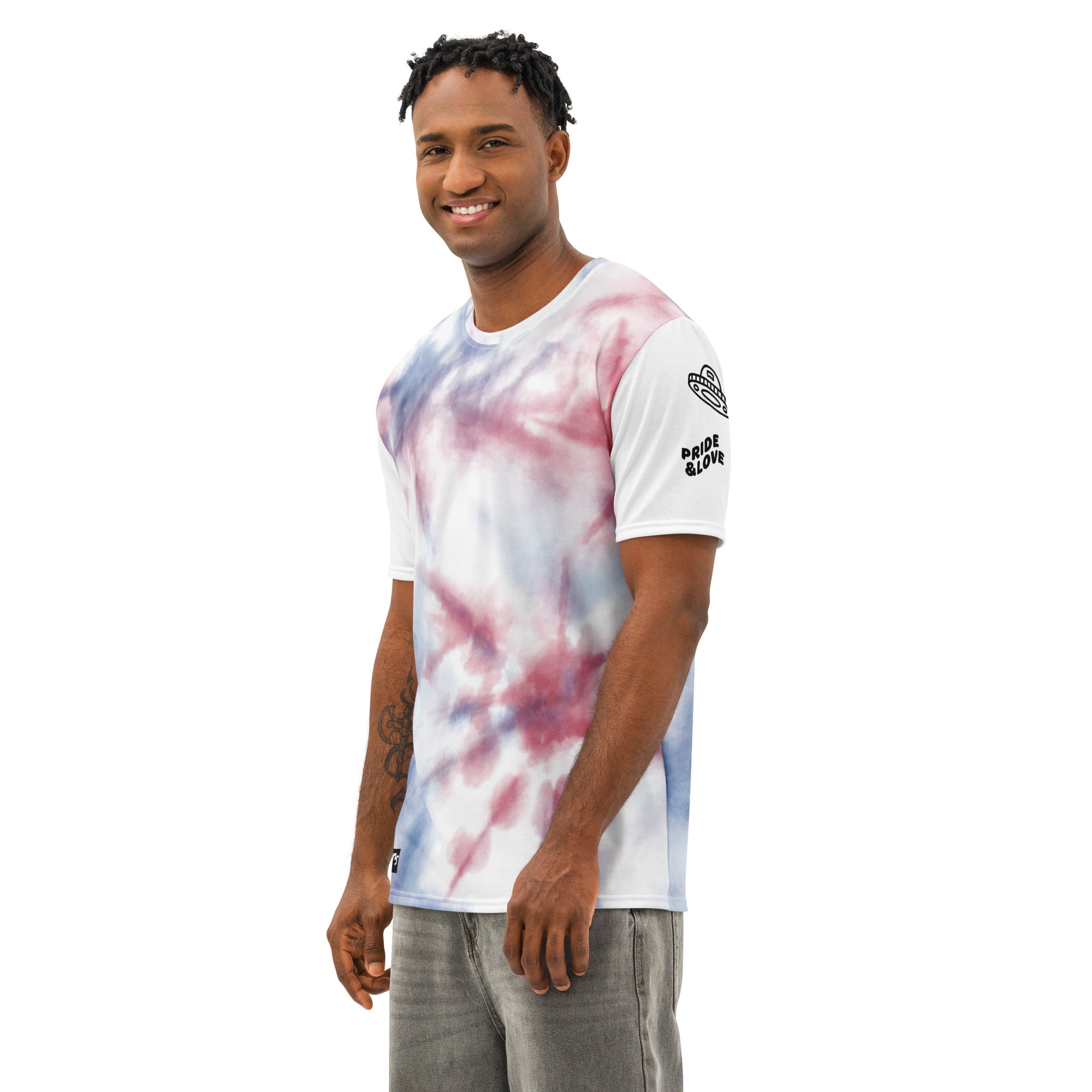 Men’s white cotton crew neck t-shirt with all-over print from Leaky TS, shown from the front left side.