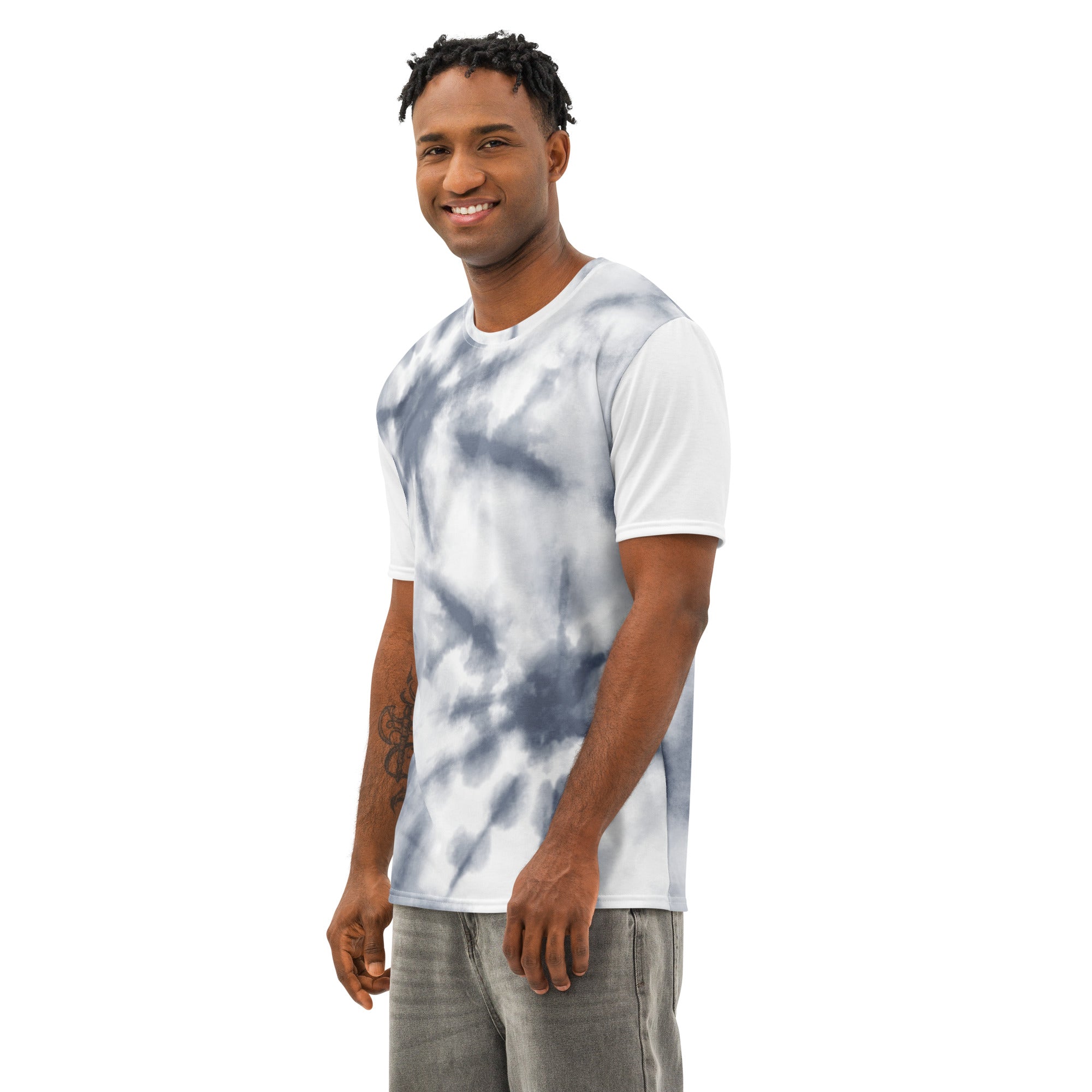 Men’s white cotton crew neck t-shirt by Leaky TS with all-over colorful print, front view showing detailed pattern and fit.