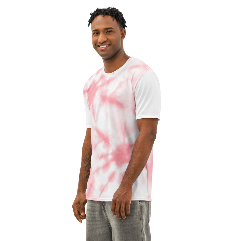 White men's cotton crew neck t-shirt by Leaky TS with all-over print, displayed from the left front angle.