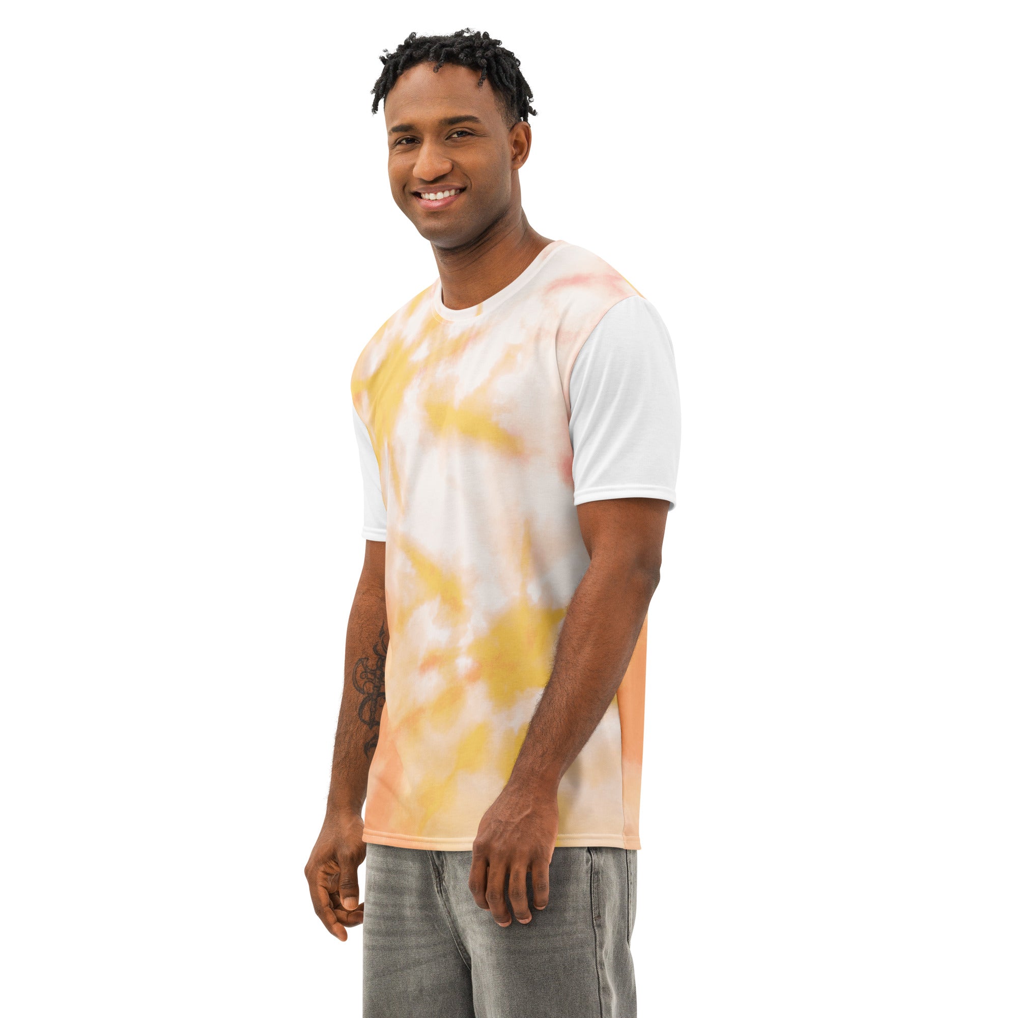 Men’s white cotton crew neck T-shirt by Leaky Ts with all-over print, shown from the left front view.