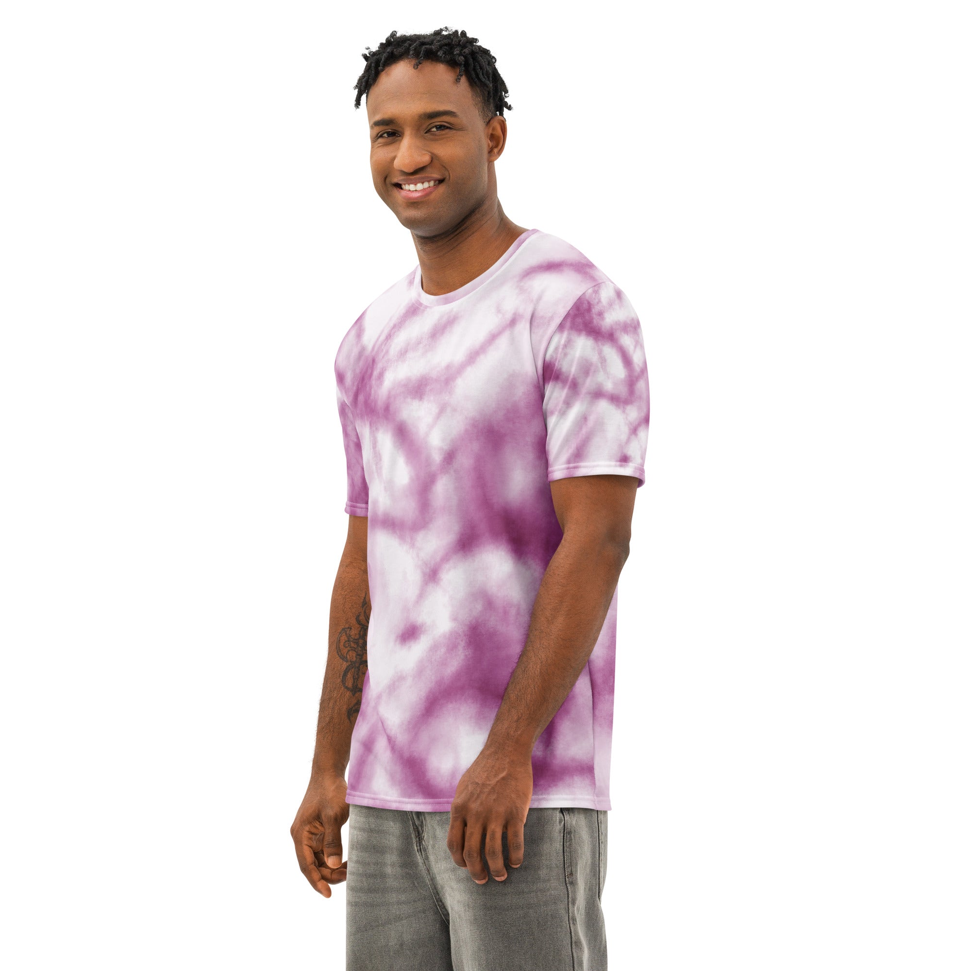 Leaky Ts purple cotton tie-dye crew neck t-shirt with all-over print for men, featuring vibrant purple and white design.