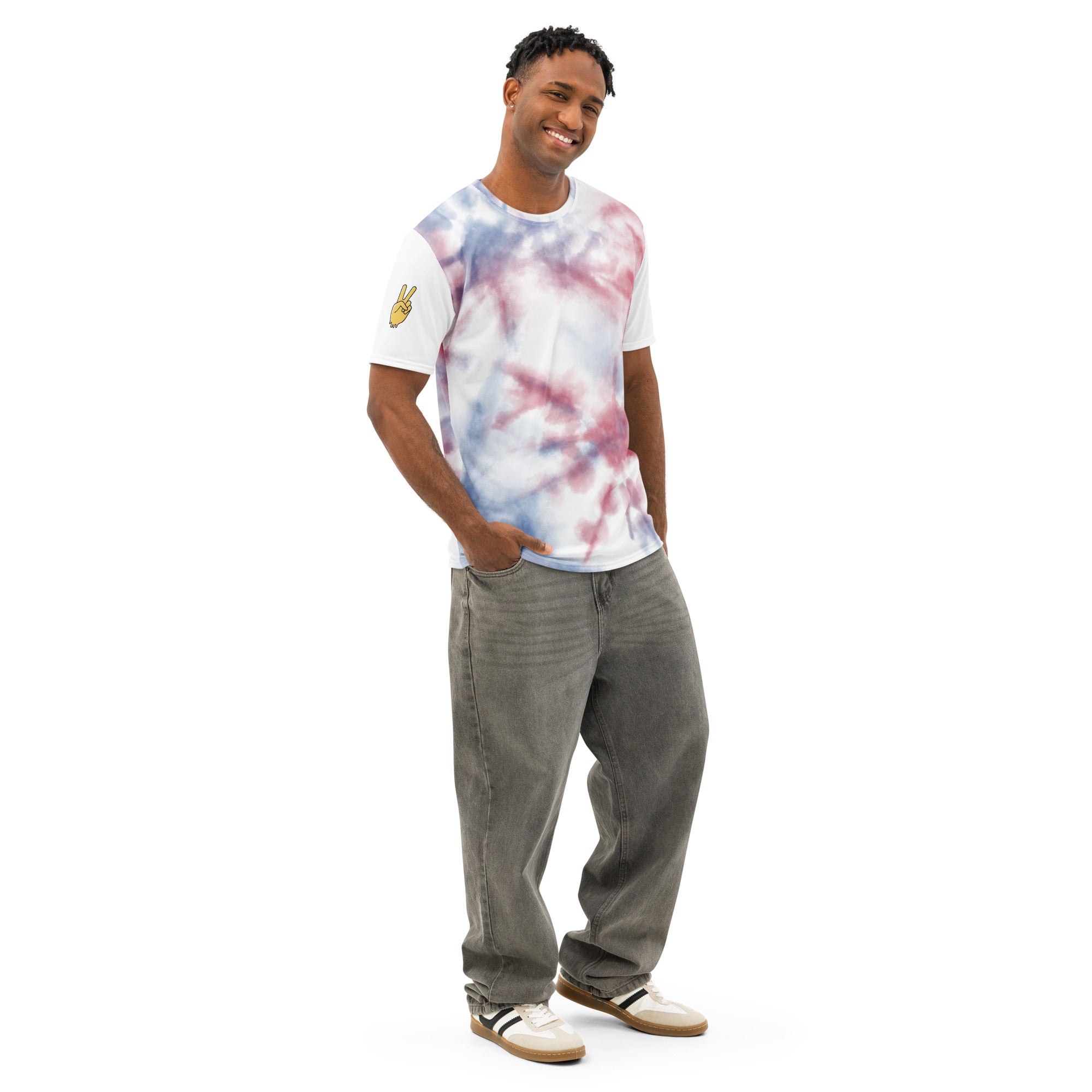 Men’s white cotton crew neck t-shirt by Leaky ts with all-over print, shown from the right front angle.