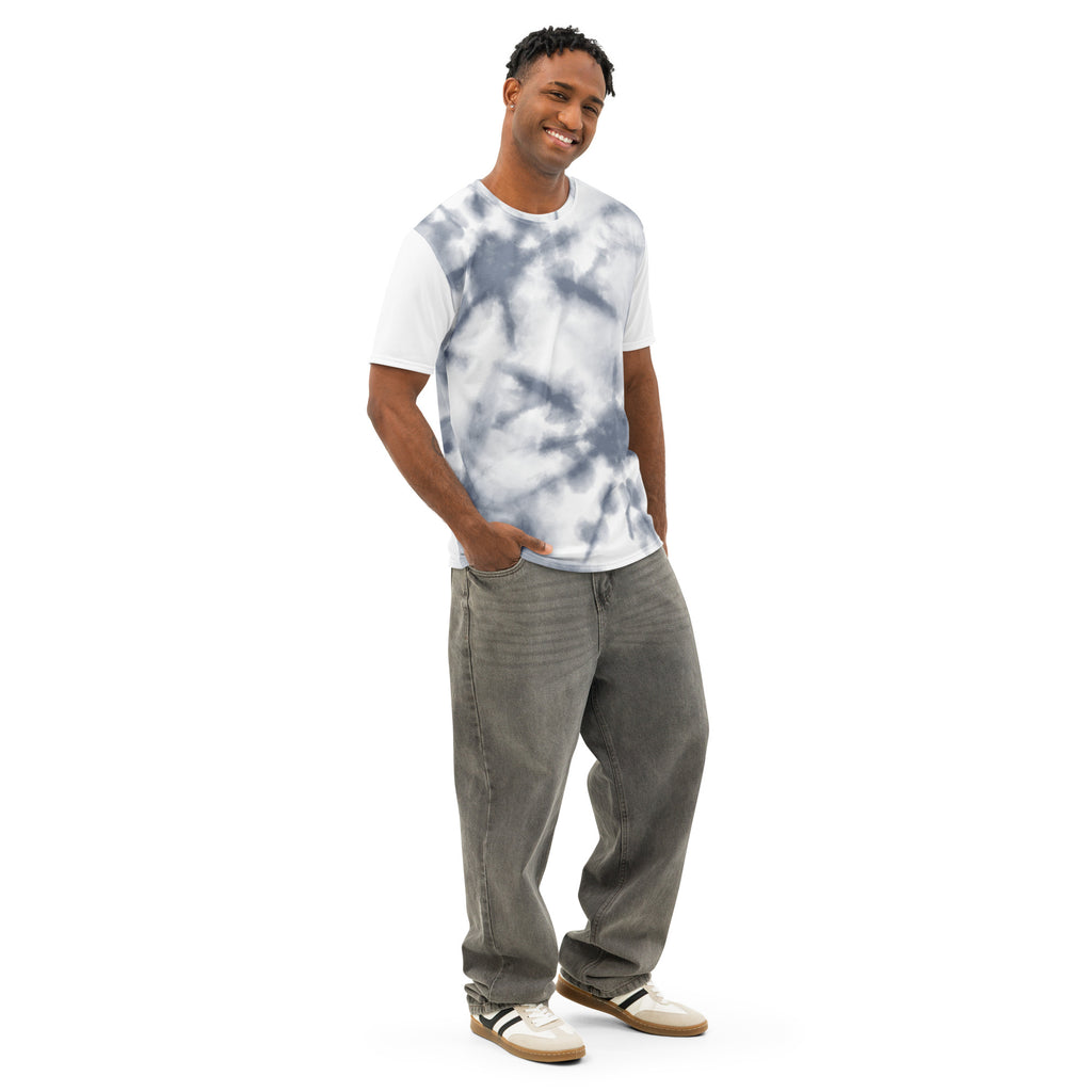 Leaky Ts men's white cotton crew neck t-shirt with all-over print, showing right front view.