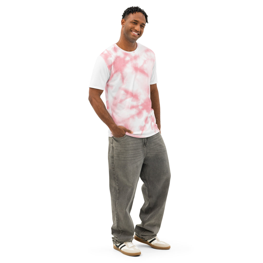 Men’s white cotton crew neck T-shirt by Leaky Ts with all-over print, shown from the right front side.