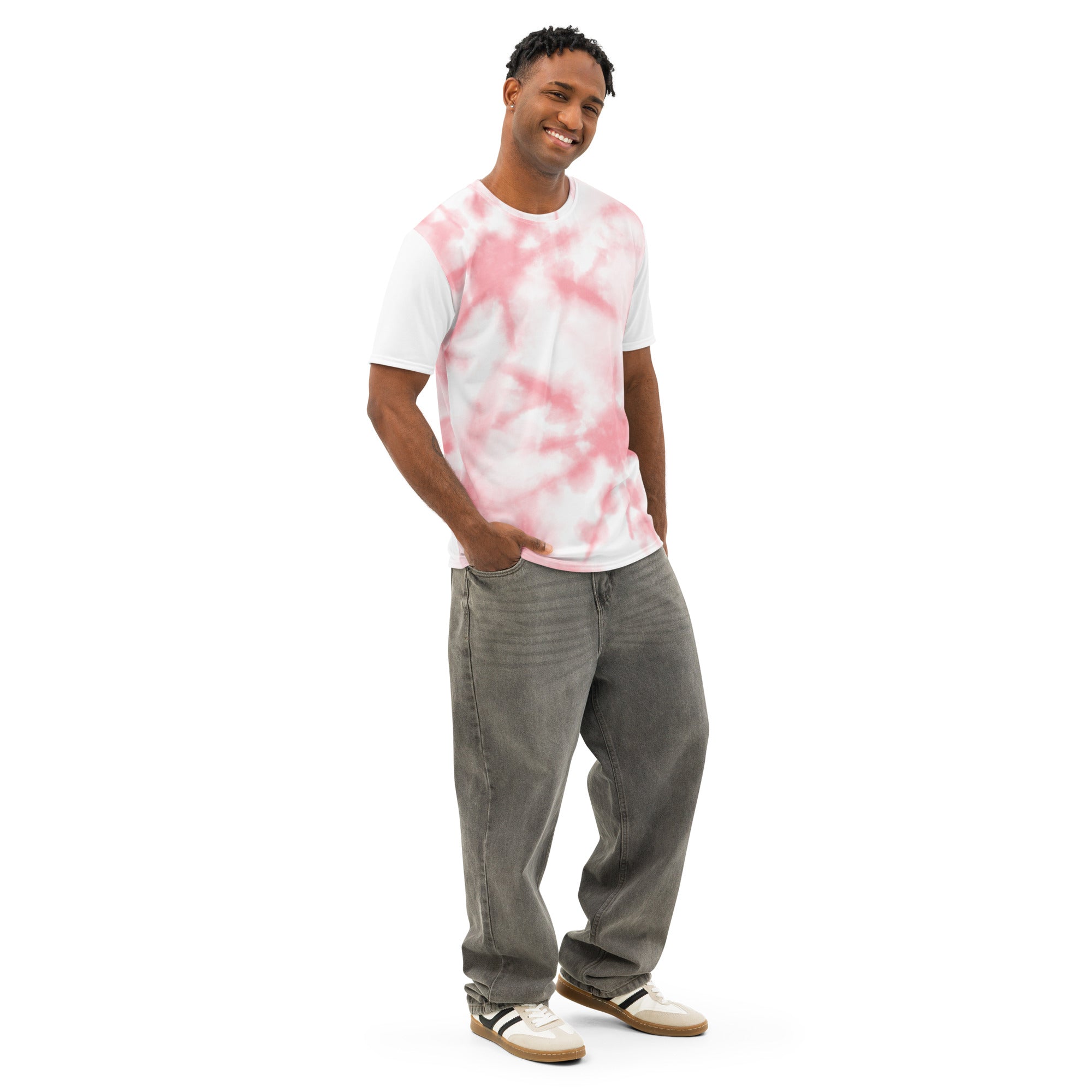 Men’s white cotton crew neck T-shirt by Leaky Ts with all-over print, shown from the right front side.