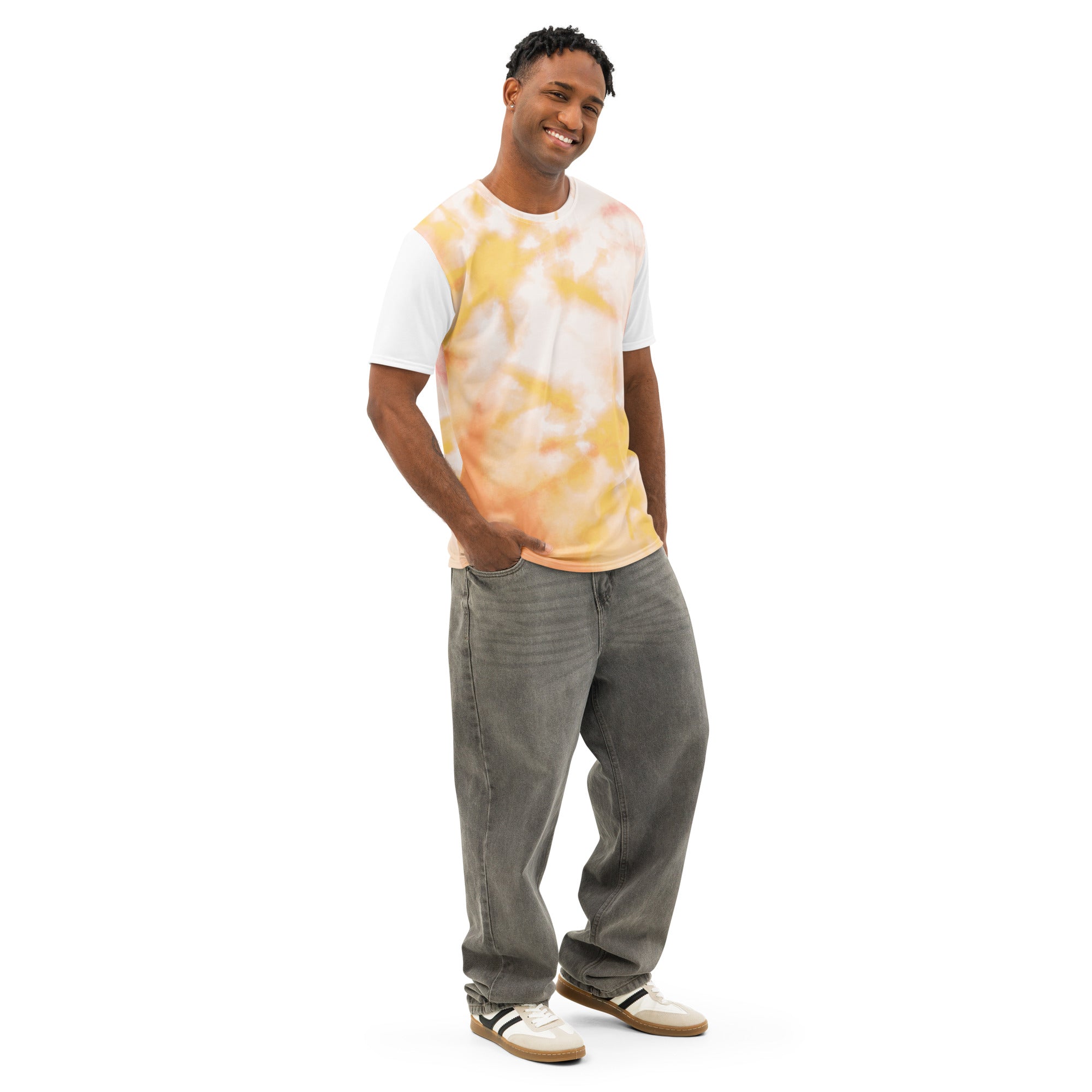 Men’s white cotton crew neck t-shirt by Leaky TS with all-over colorful print, shown from the right front angle.