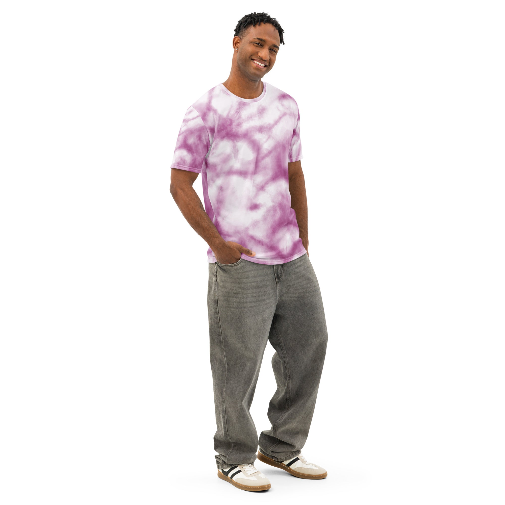 Leaky Ts purple cotton tie-dye crew neck t-shirt with all-over print, shown from the front on a white background