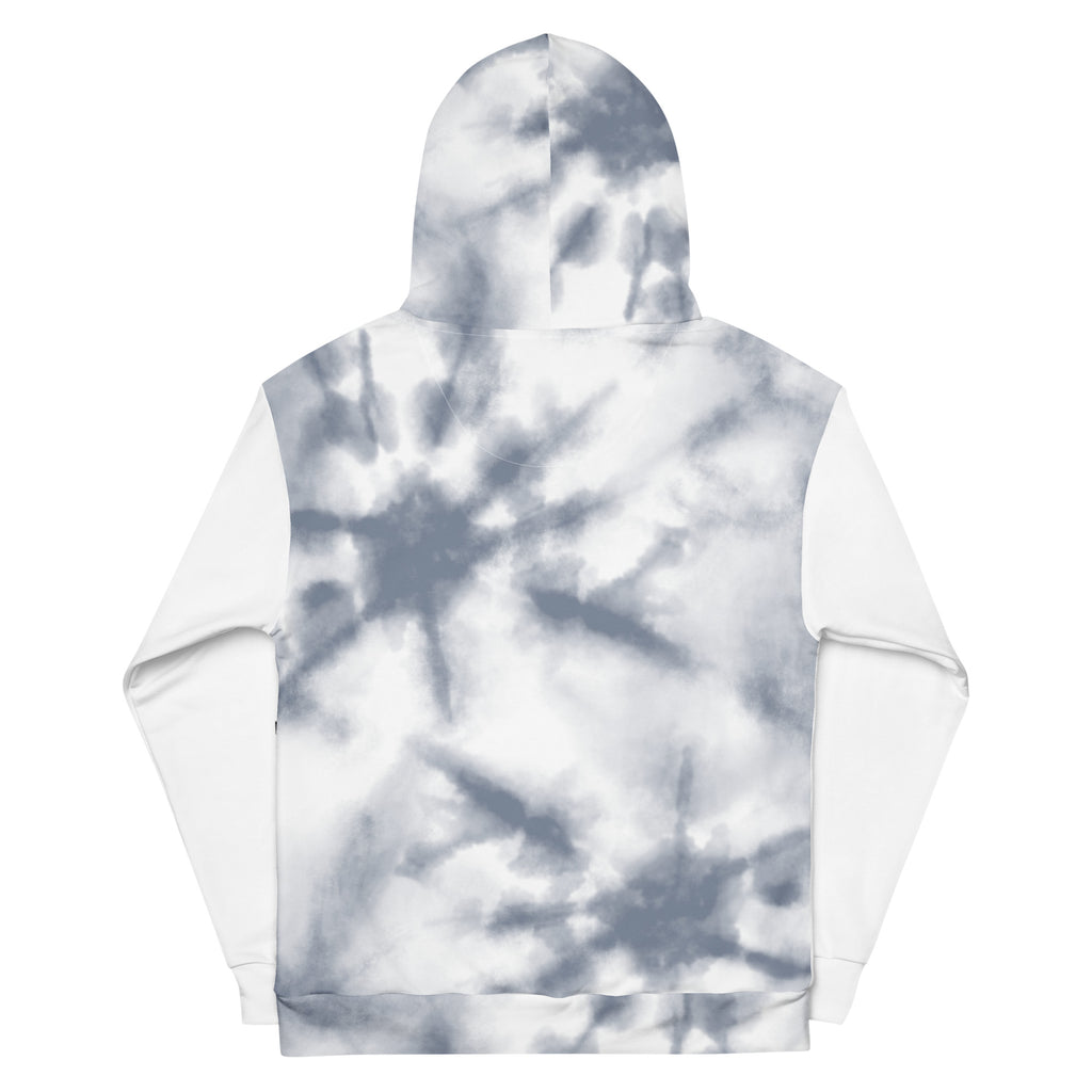Unisex white All-Over Leak Hoodie by Leaky ts with bold chaos print on the back, made from premium cotton for a comfortable fit.