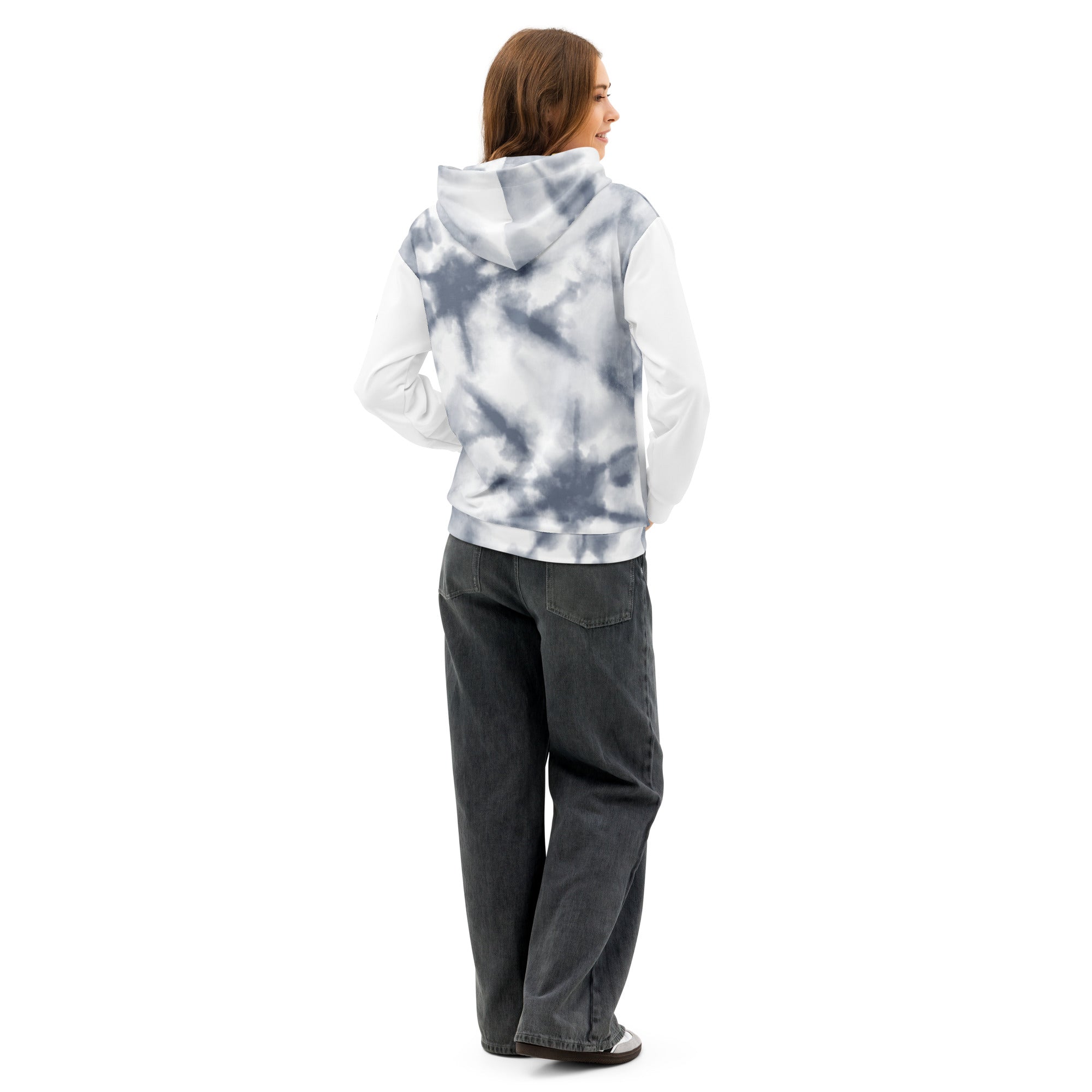 Unisex white Leak Hoodie by Leaky TS with bold all-over chaos print on cotton fabric, shown from the back.