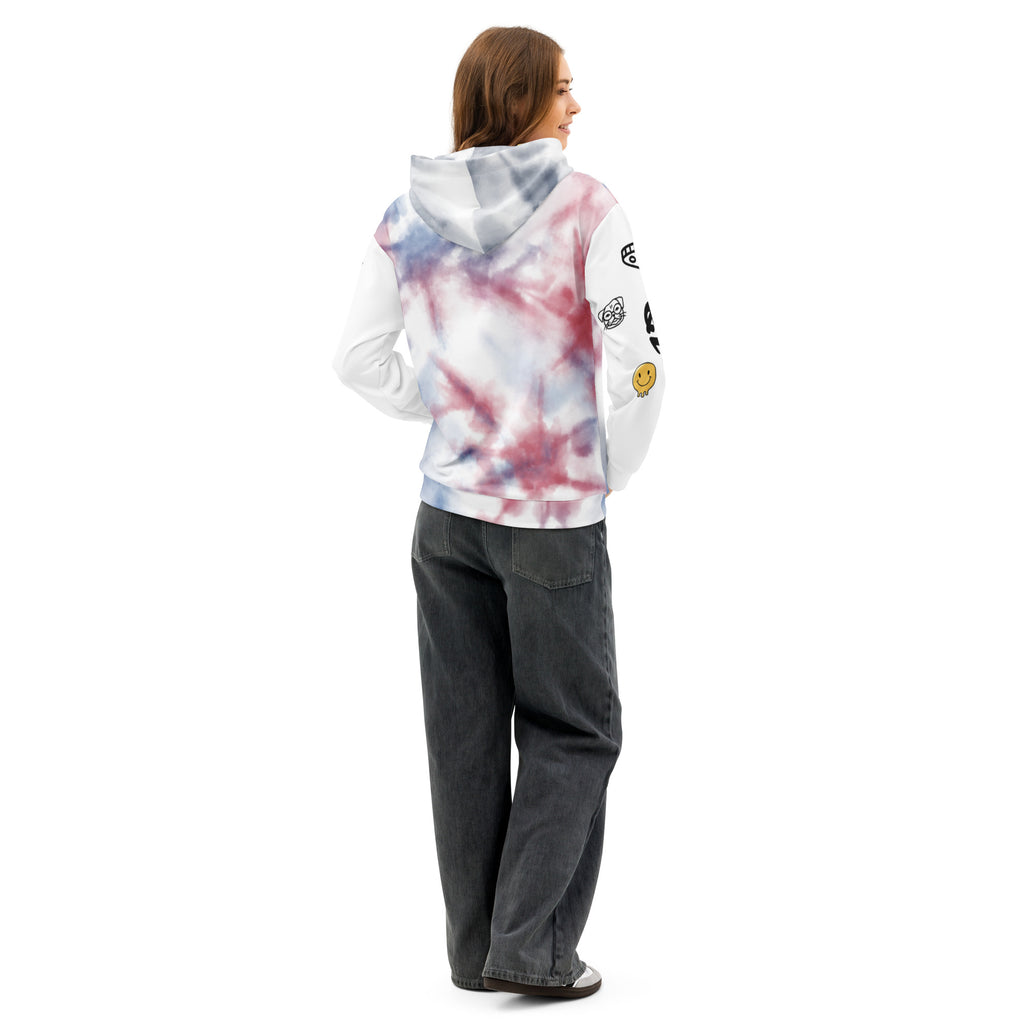 Leaky ts Love and Pride Rainbow Leak Tie-Dye Hoodie, unisex cotton hoodie with colorful all-over rainbow print on a white background.