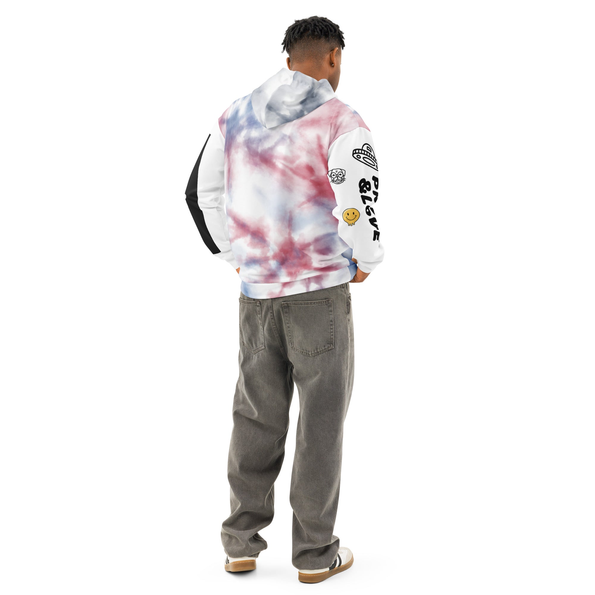 Unisex white Love and Pride Tie-Dye Hoodie by Leaky ts featuring rainbow leak print on cotton fabric.