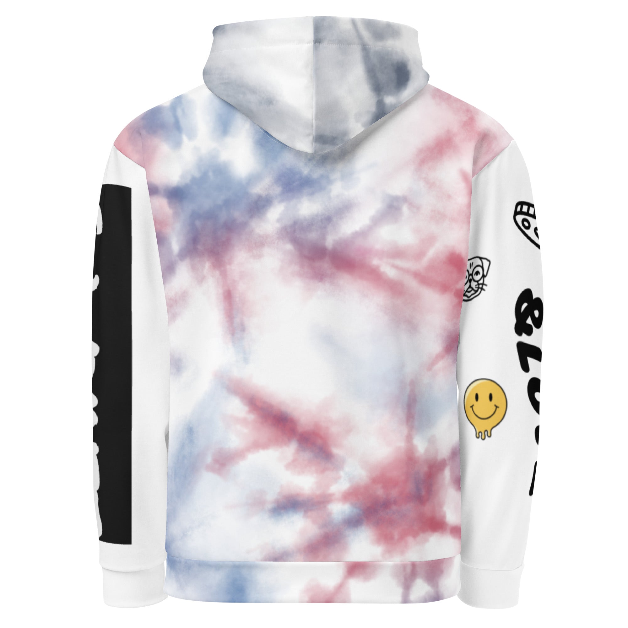 Unisex Love and Pride Tie-Dye Hoodie by Leaky ts with rainbow leak design on white cotton fabric, back view
