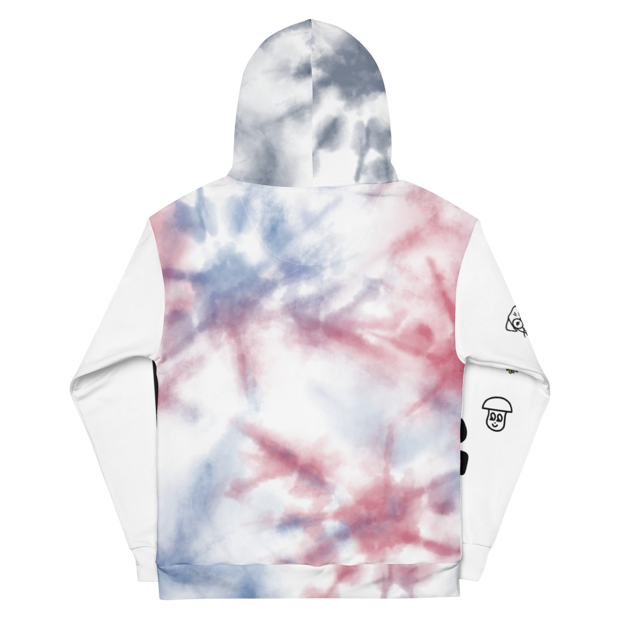 Unisex Love and Pride Tie-Dye Hoodie by Leaky ts with rainbow leak print on white cotton, front view.