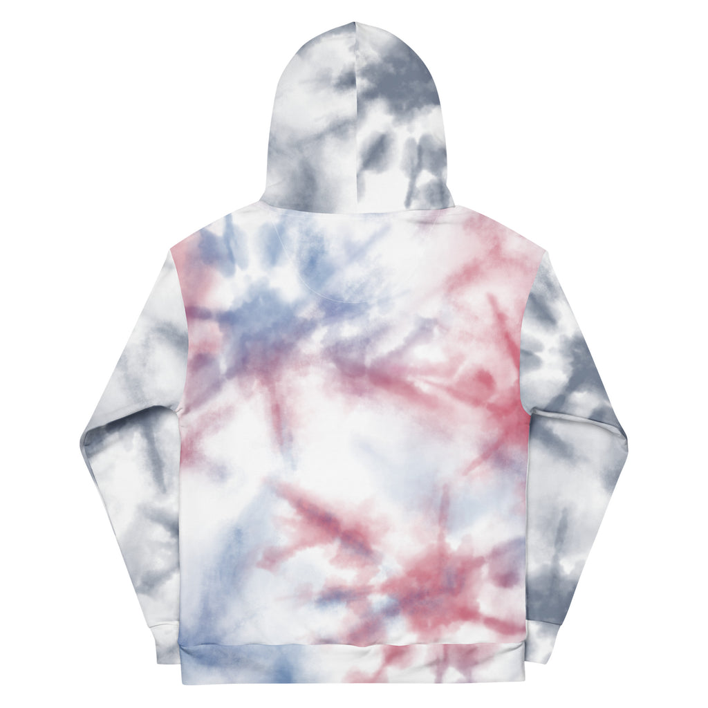 Unisex white cotton hoodie with all-over print design from Leaky ts, showcasing a comfortable, stylish hoodie on a plain background.