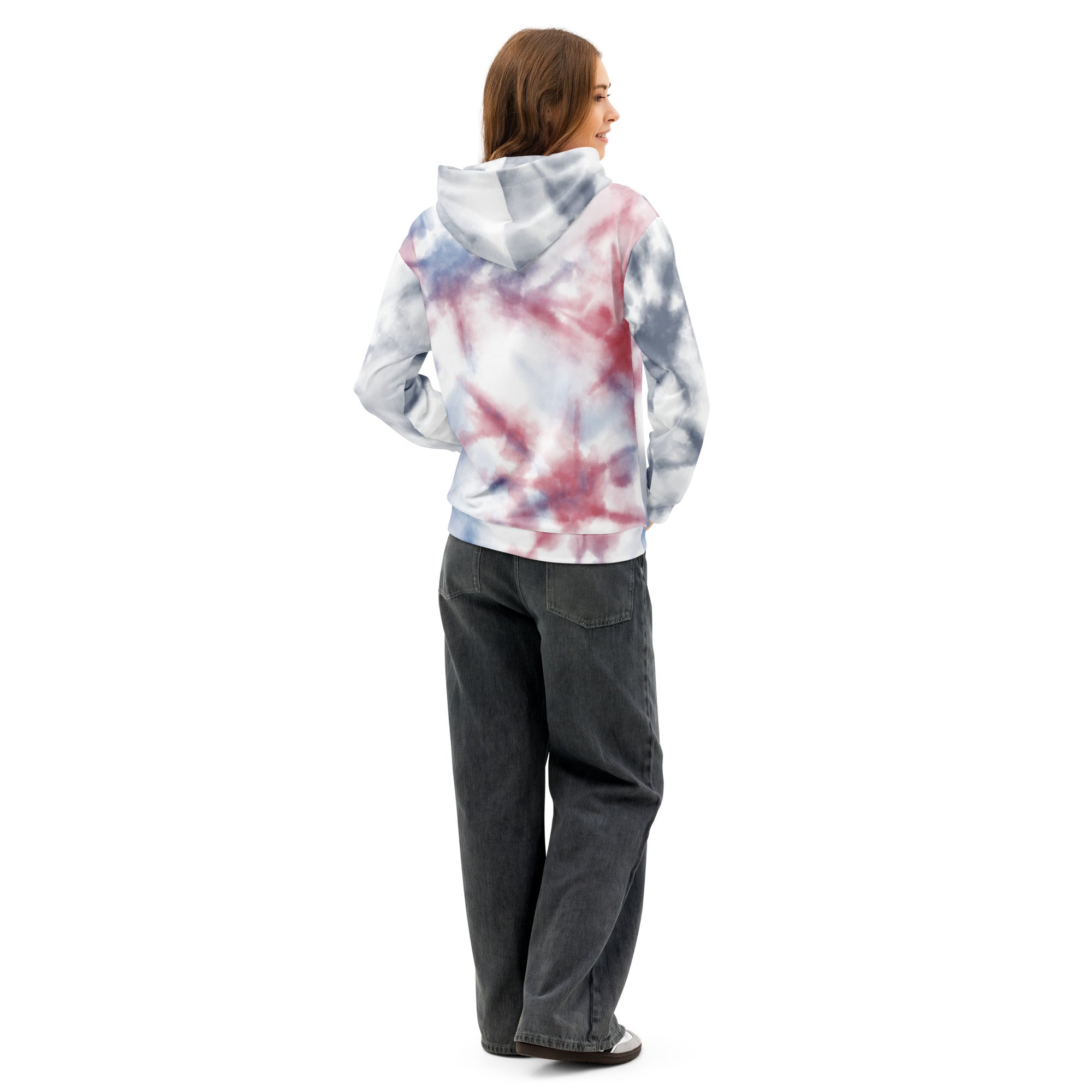 Leaky ts white unisex cotton hoodie with all-over print, designed for comfort and style, shown from the back.