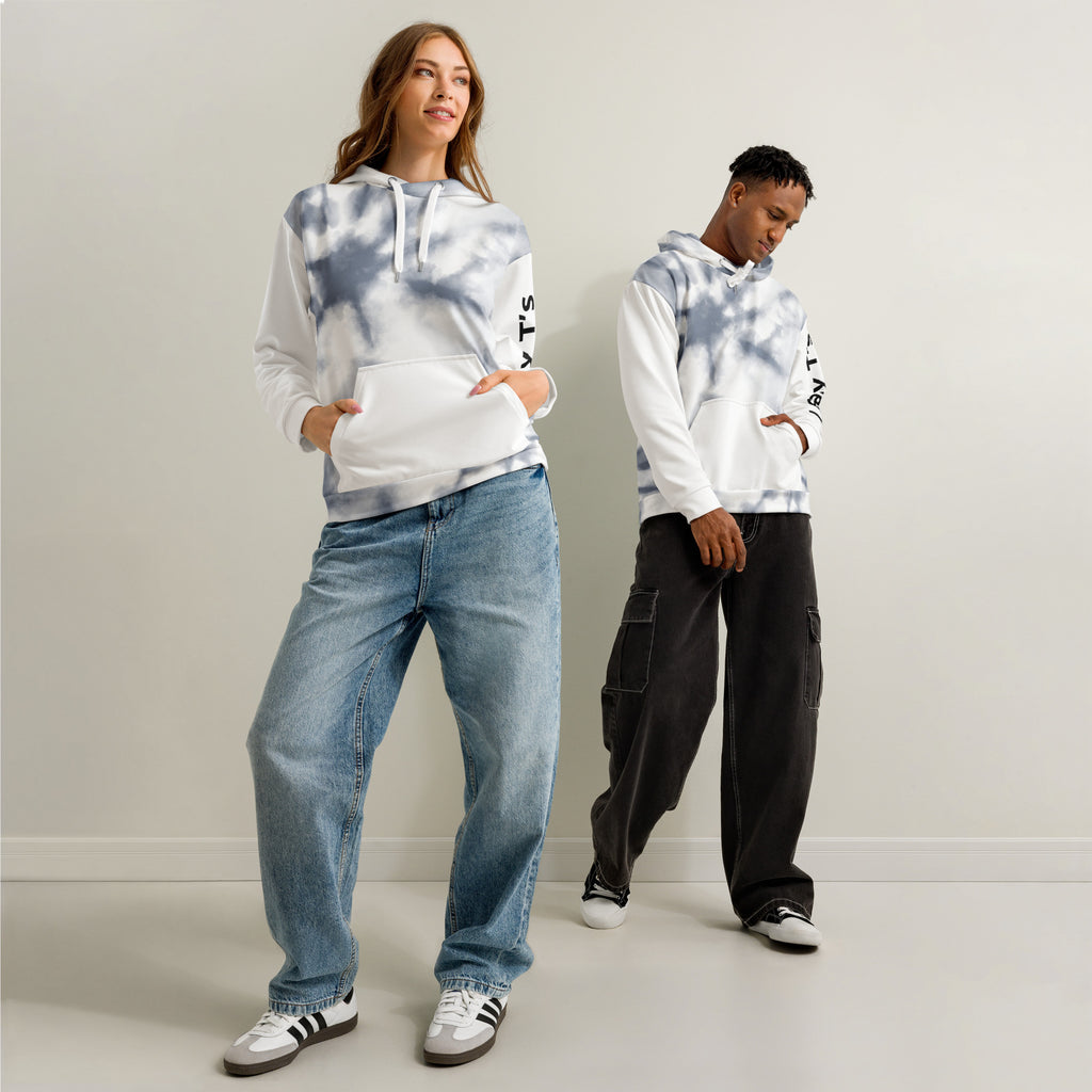 Leaky ts All-Over Leak Hoodie in white with bold chaos print, unisex cotton hoodie with eye-catching design.