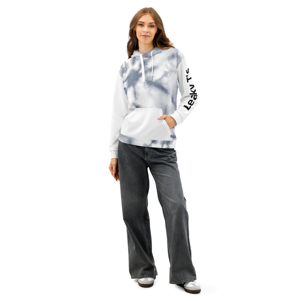 Leaky ts All-Over Leak Hoodie in white with bold chaos print, unisex cotton hoodie with vibrant, all-over graphic design.
