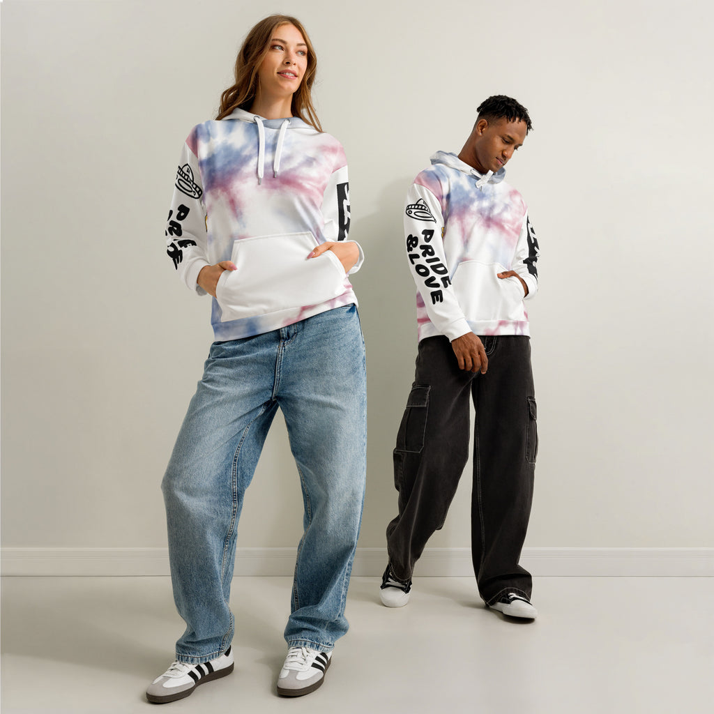 Leaky Ts Love and Pride Rainbow Leak Tie-Dye Hoodie, unisex cotton design with colorful all-over print on white background.