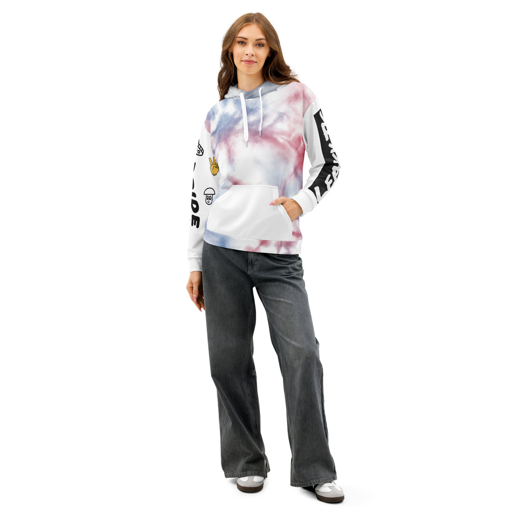 Unisex Love and Pride Tie-Dye Hoodie by Leaky TS with rainbow leak design on white cotton fabric, front view.