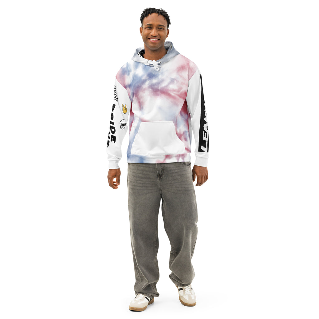 Unisex rainbow tie-dye hoodie by Leaky ts with all-over vibrant print on white cotton, featuring colorful leak design on the front.