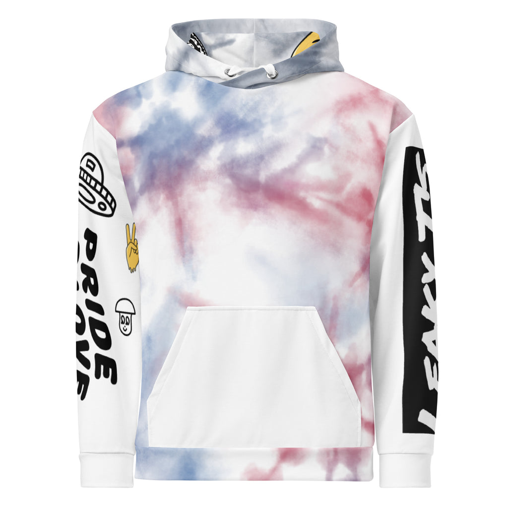 Leaky ts Love and Pride Rainbow Leak Tie-Dye Hoodie, unisex cotton hoodie with colorful all-over print, white front design.