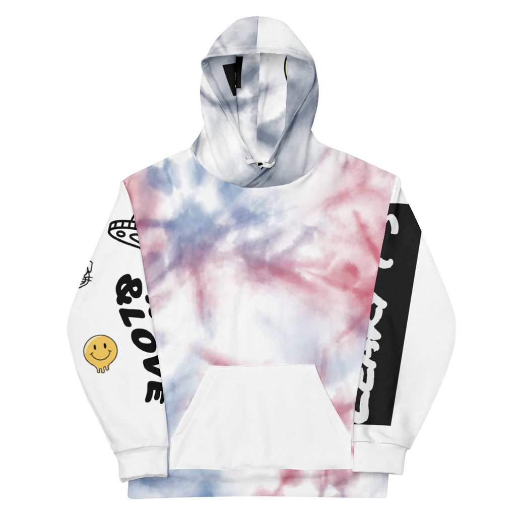 Unisex Love and Pride Tie-Dye Hoodie by Leaky ts featuring rainbow leak pattern on white cotton fabric, front view.