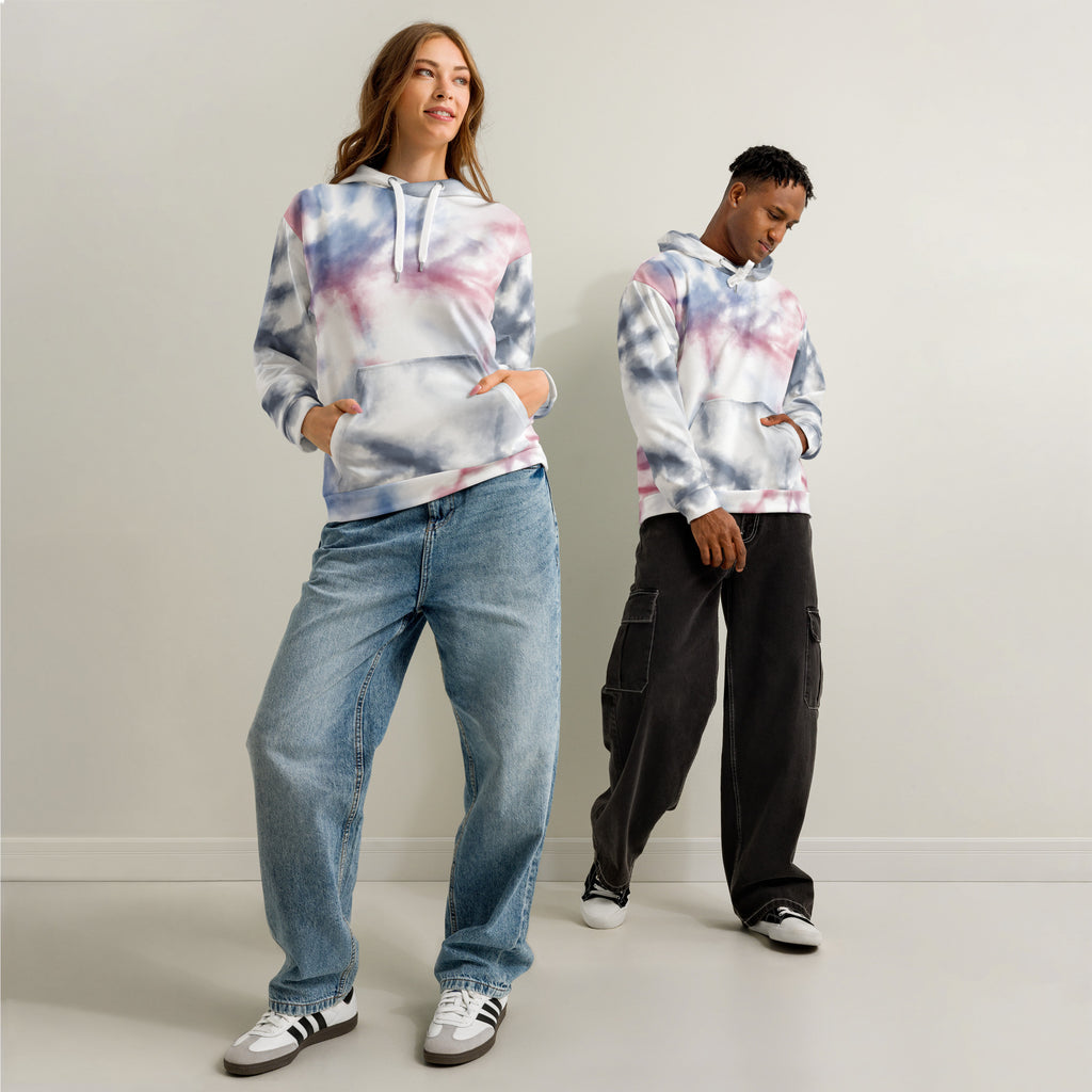 Leaky ts premium unisex cotton hoodie with all-over print, white color, comfortable fit, and stylish design.