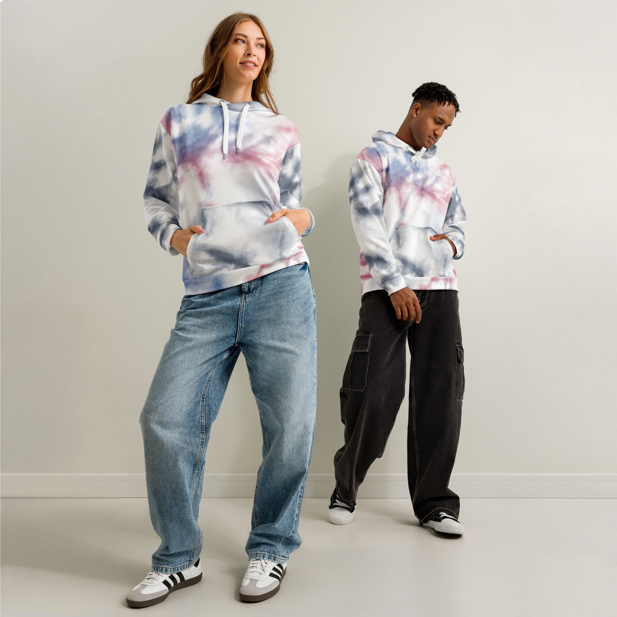 Leaky ts premium unisex cotton hoodie with all-over print, white color, comfortable fit, and stylish design.