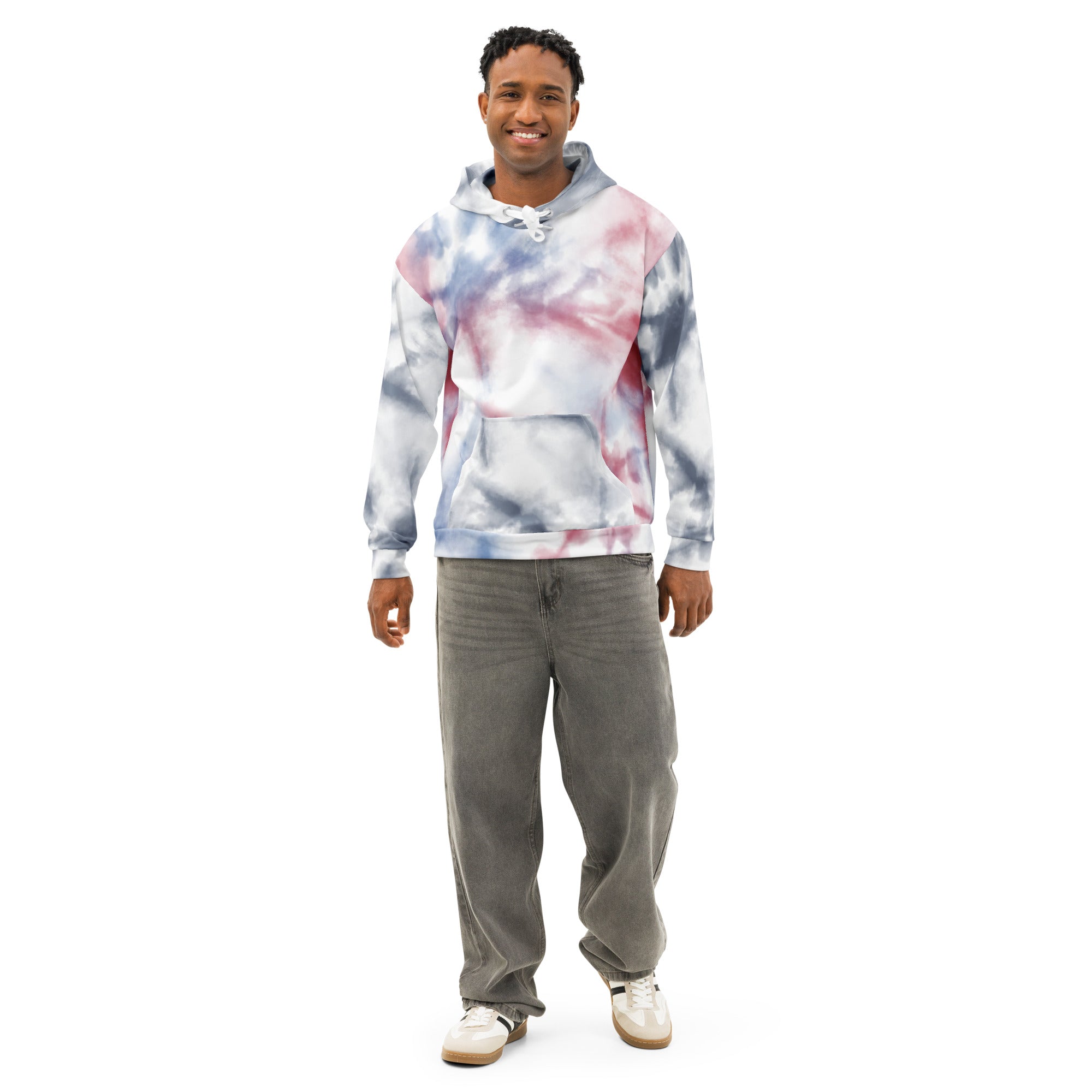 White unisex cotton hoodie with all-over print from Leaky ts, designed for comfort and stylish standout fashion.