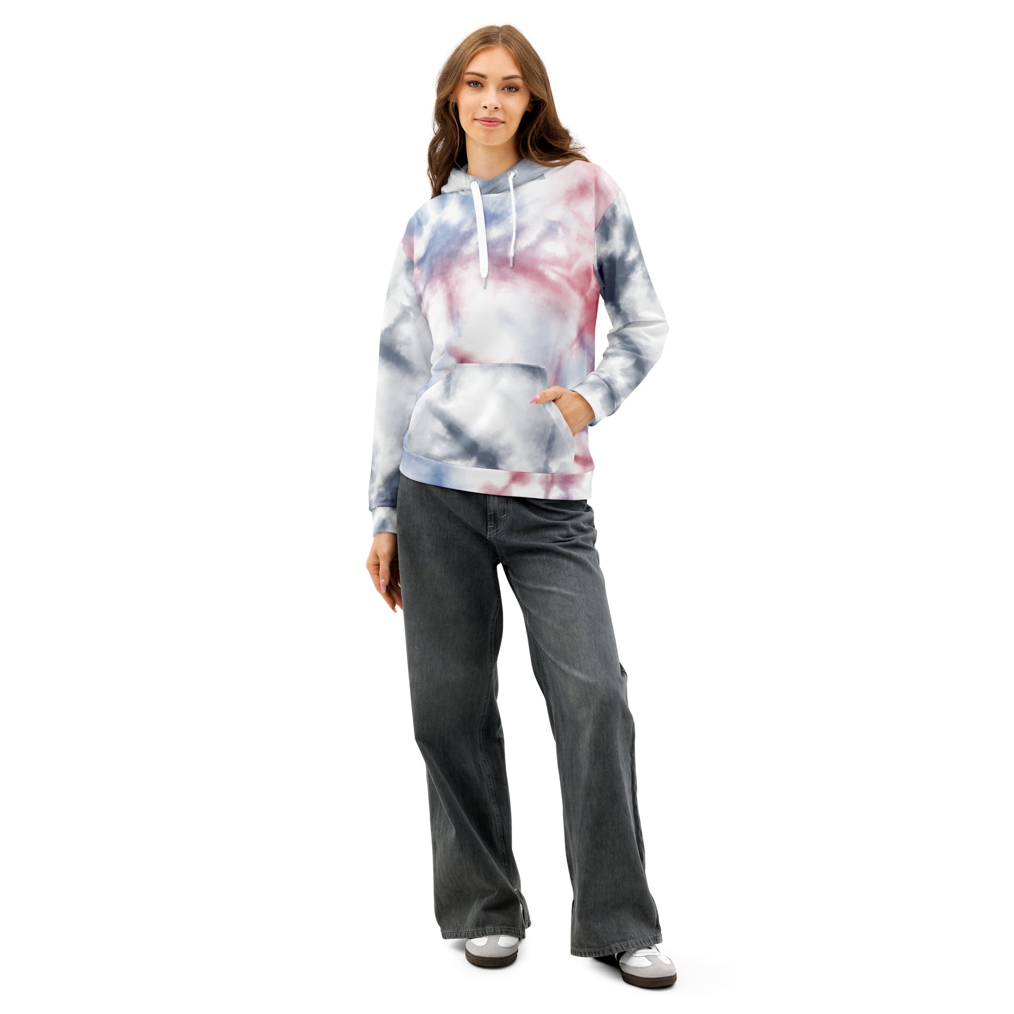 All-over white cotton hoodie by Leaky TS featuring bold, colorful print, designed for comfort and unisex wear.