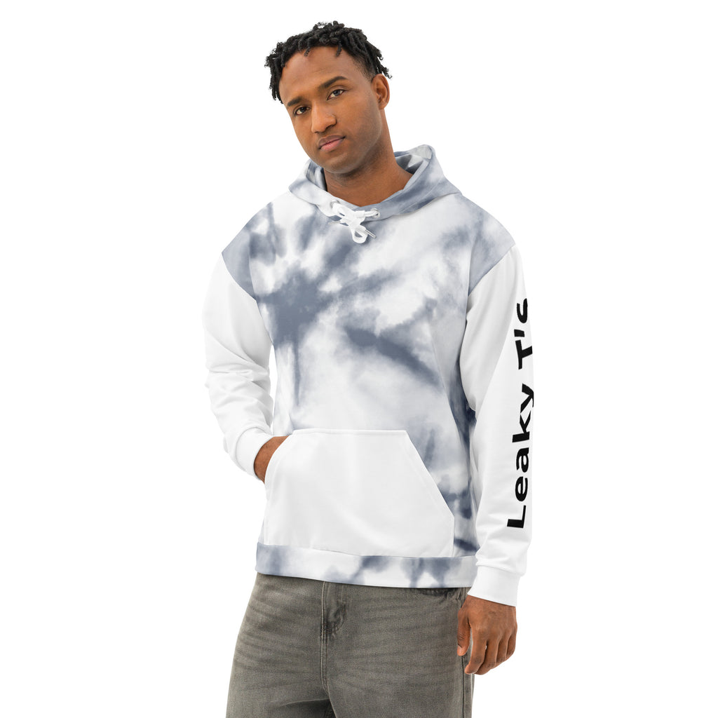 Leaky ts All-Over Leak Hoodie in white, unisex cotton with bold chaos print on the front left side.