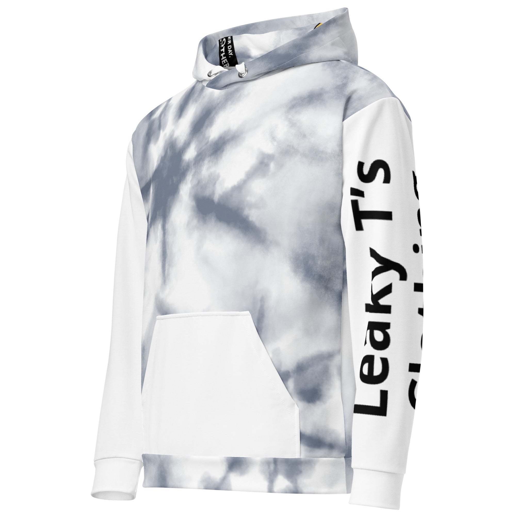 Leaky ts All-Over Leak Hoodie in white with chaotic print, unisex cotton hoodie, front view highlighting bold, vibrant design.