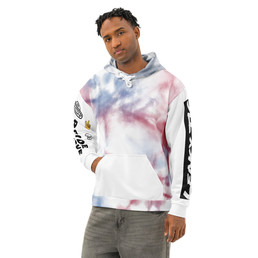 Leaky ts Love and Pride Tie-Dye Hoodie in rainbow leak design, all-over print, unisex cotton, white color, left front view