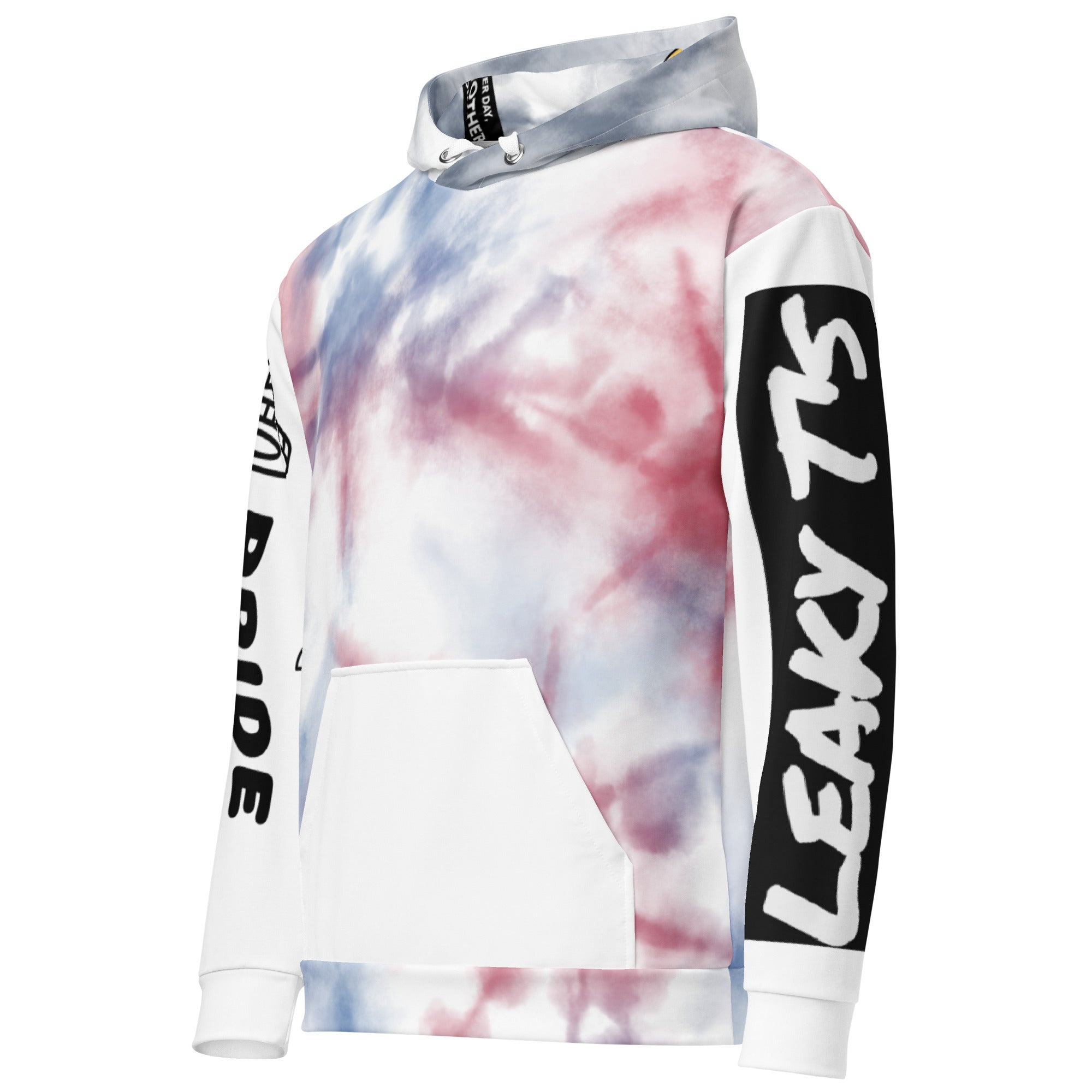 Leaky ts Love and Pride rainbow tie-dye hoodie, unisex cotton hoodie with vibrant all-over rainbow leak print on white background.