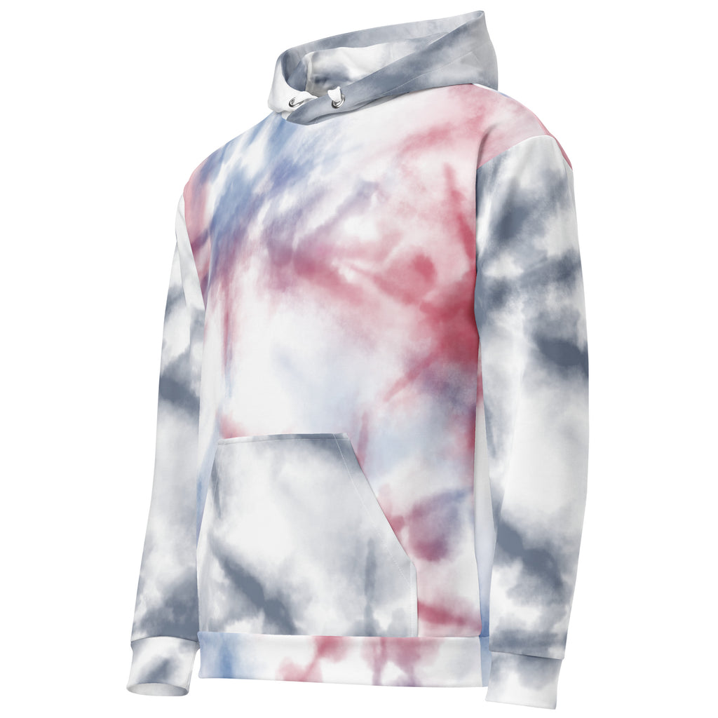 White all-over-print Leaky ts premium unisex cotton hoodie, front view, showcasing comfortable fit and stylish design.
