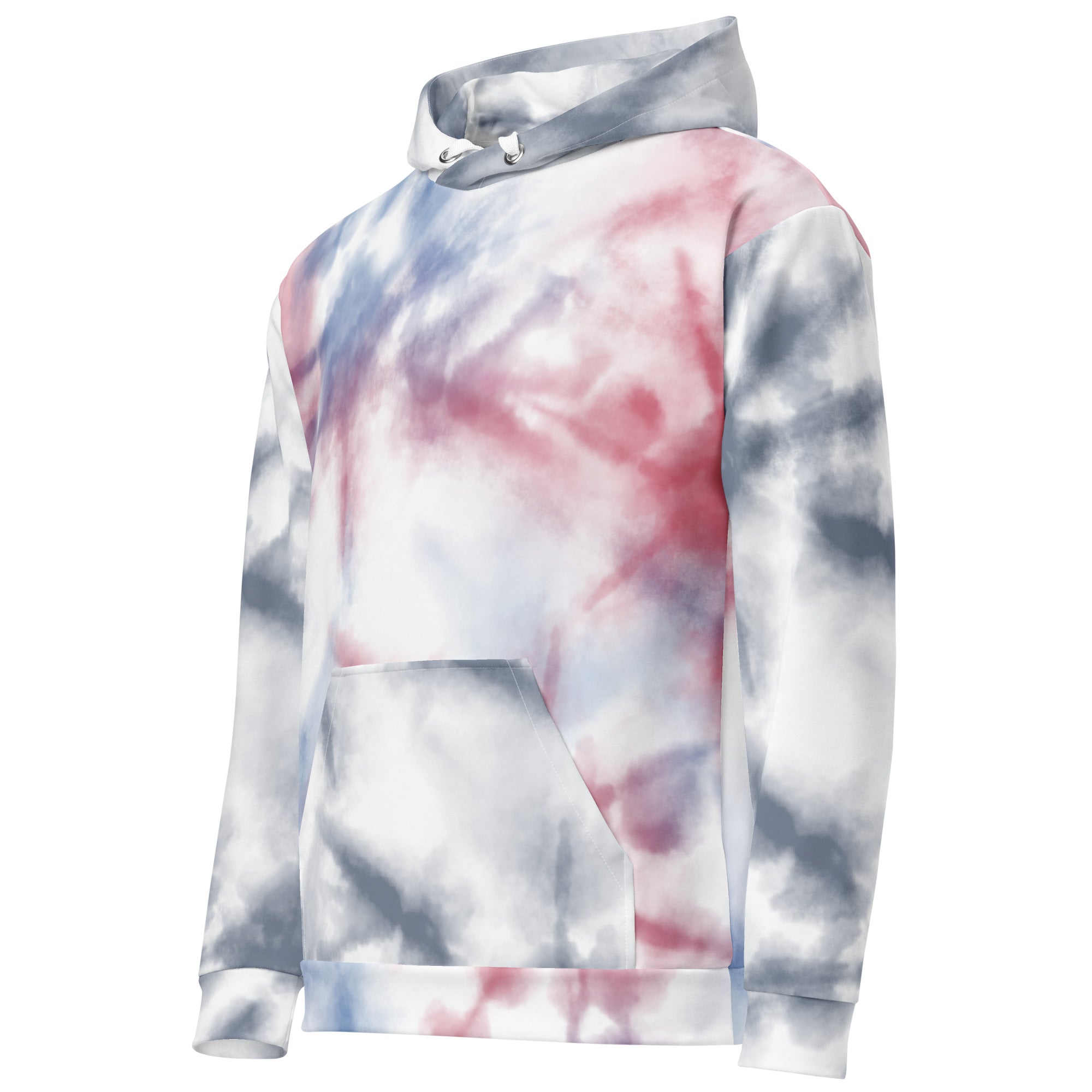 White all-over-print Leaky ts premium unisex cotton hoodie, front view, showcasing comfortable fit and stylish design.