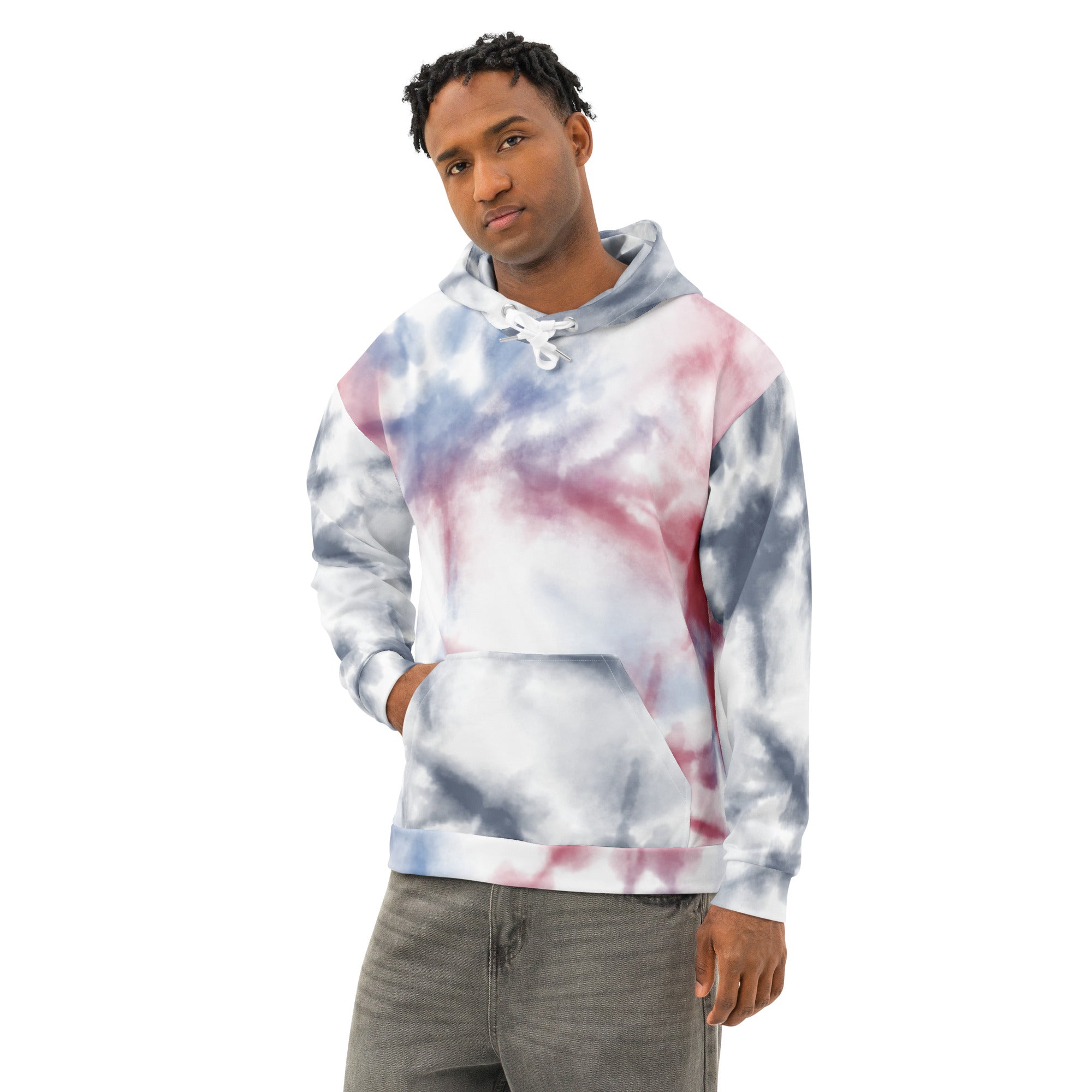 Leaky ts premium all-over-print unisex cotton hoodie in white, featuring a stylish design on the front.