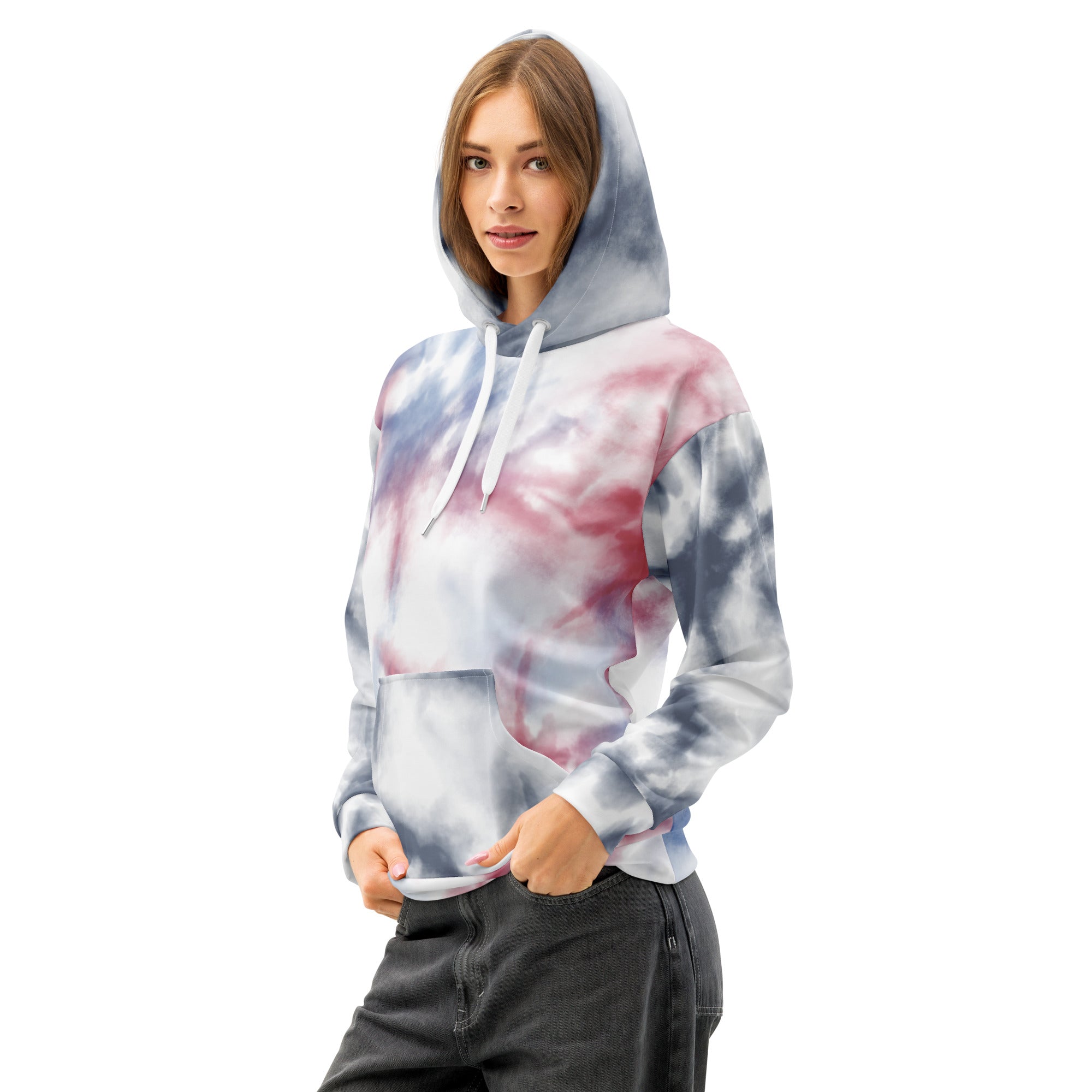 Leaky ts unisex white cotton hoodie with all-over print, designed for comfort and style, featuring a front left view.