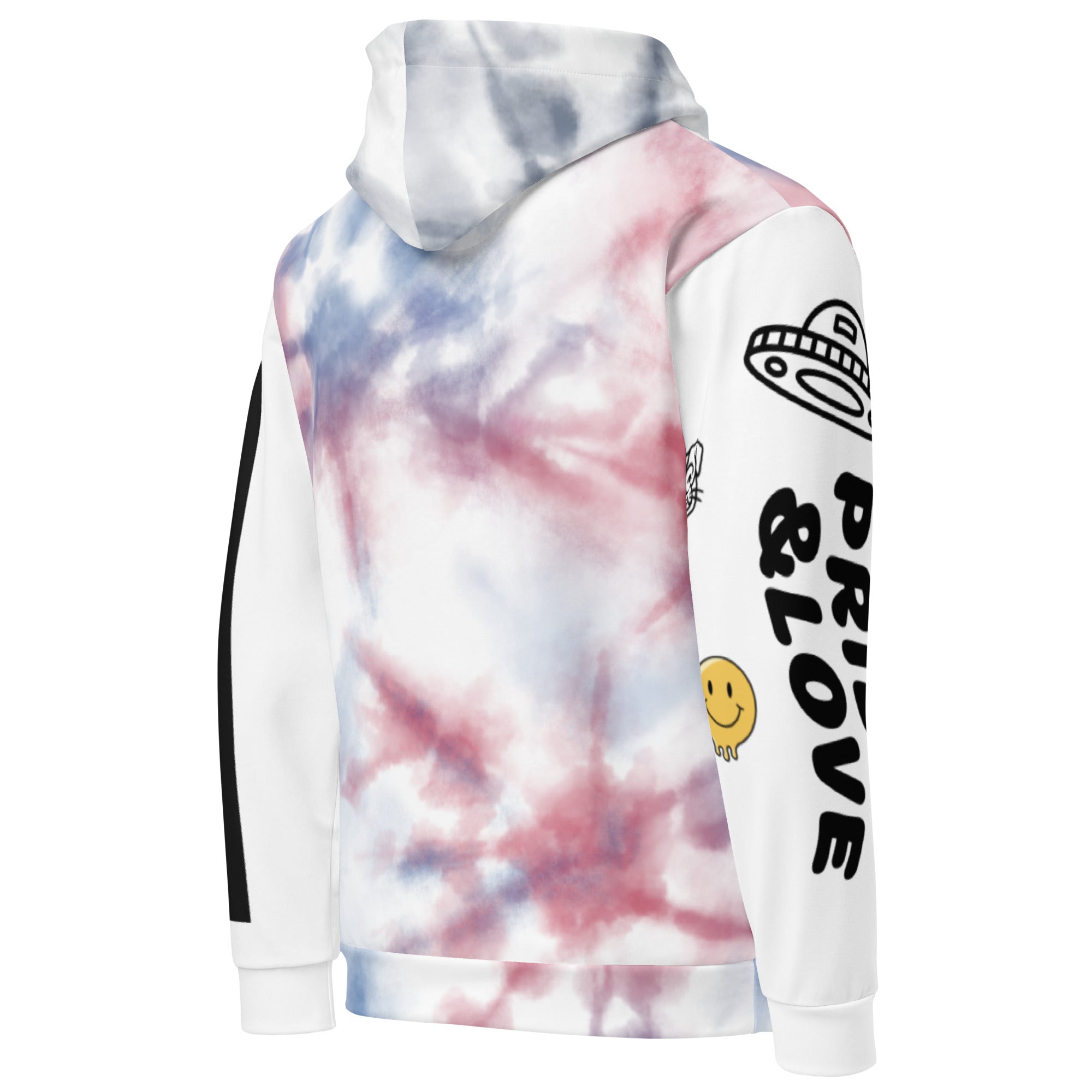 Leaky ts Love and Pride Rainbow Leak Tie-Dye Hoodie, unisex cotton with vibrant all-over rainbow print on white background.